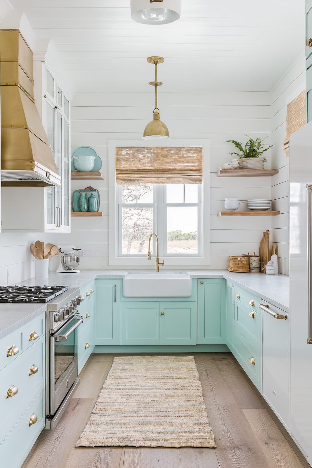 A stylish, modern kitchen features a calming color palette dominated by light turquoise cabinetry and golden brass accents. Above the white farmhouse sink is a window with a woven shade, flanked by minimalist floating shelves holding white and teal dishware. The broad stovetop and oven range sit beneath a prominent brass hood. Chic brass pendant lights hang from a white shiplap ceiling, illuminating the room. The floor is finished in warm hardwood, complemented by a natural fiber runner rug.