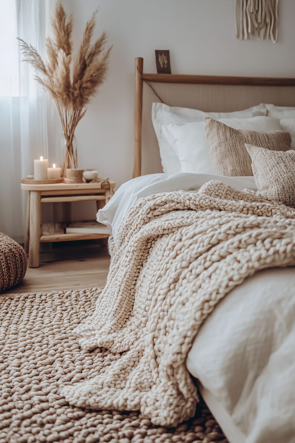 A tranquil bedroom with a neutral palette features a wooden bed with white linens and knitted throw blankets. A wooden nightstand adorned with candles, a small bowl, and pampas grass in a vase stand nearby. A chunky knit rug lies on the hardwood floor, and a knitted pouf sits in the background. Soft natural light filters through sheer white curtains by the window.