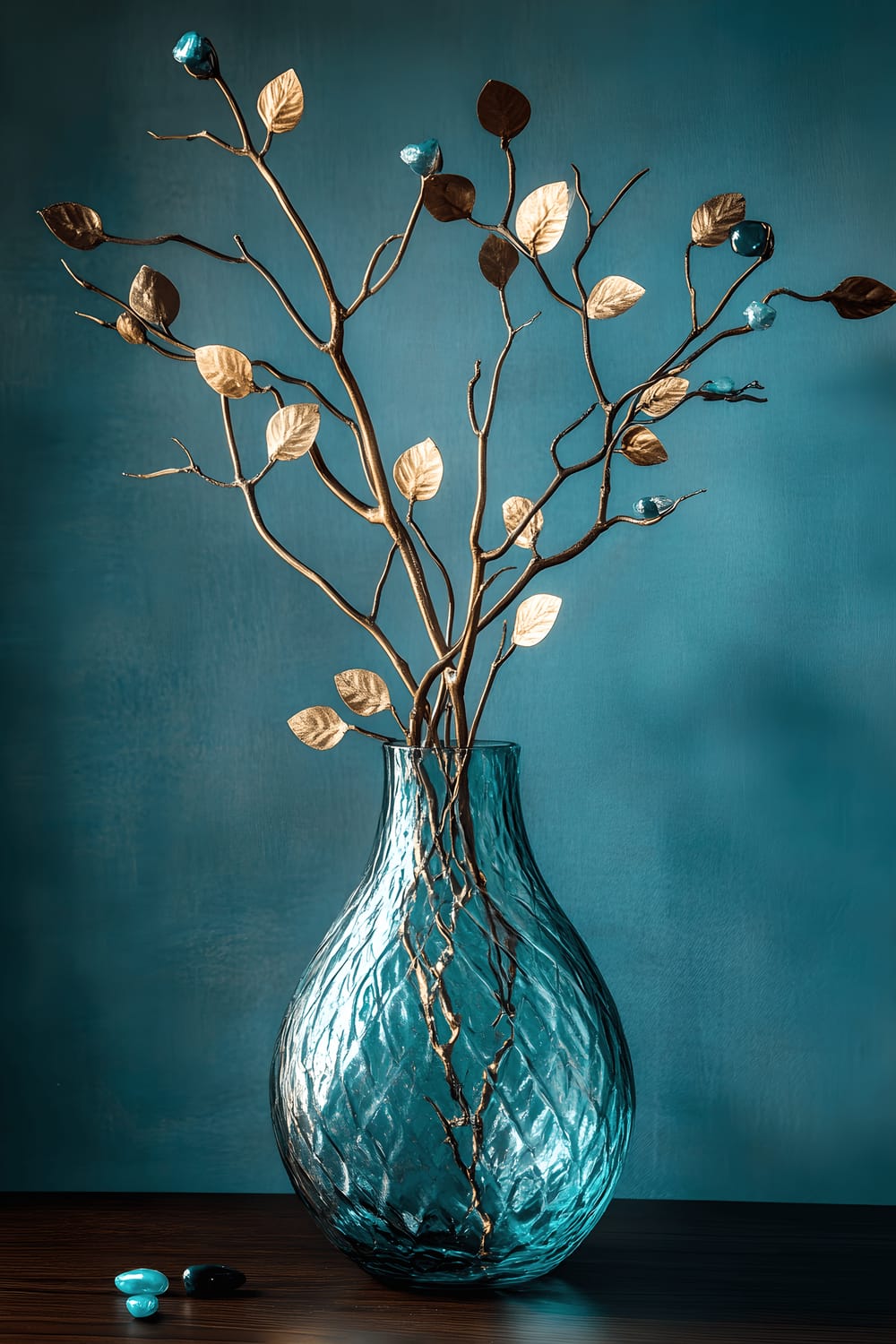 A large turquoise glass vase serves as the centerpiece on a dark walnut dining table. The vase is adorned with brass leaves and branches, adding grace and texture to the design. Muted teal walls serve as an enchanting backdrop, their color reflected subtly in a smattering of scattered teal gemstones on the table. Directional lighting adds drama to the scene, accentuating the vibrant color of the vase and the sheen of the brass elements.