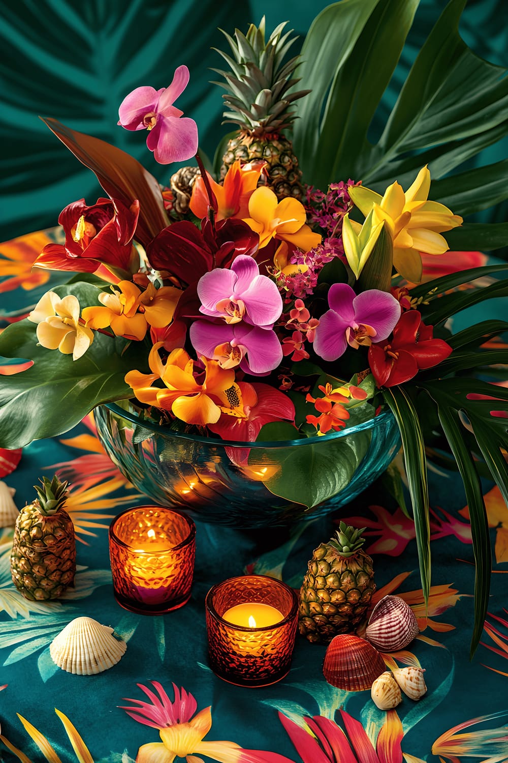 A vibrant, tropical-inspired centerpiece on a bright, patterned tablecloth. The centerpiece features a large, colorful glass bowl filled with exotic flowers such as orchids, anthuriums, and heliconias, surrounded by green monstera leaves and small pineapples. It is accented with brightly colored candles and decorative seashells. The scene is illuminated by natural sunlight.