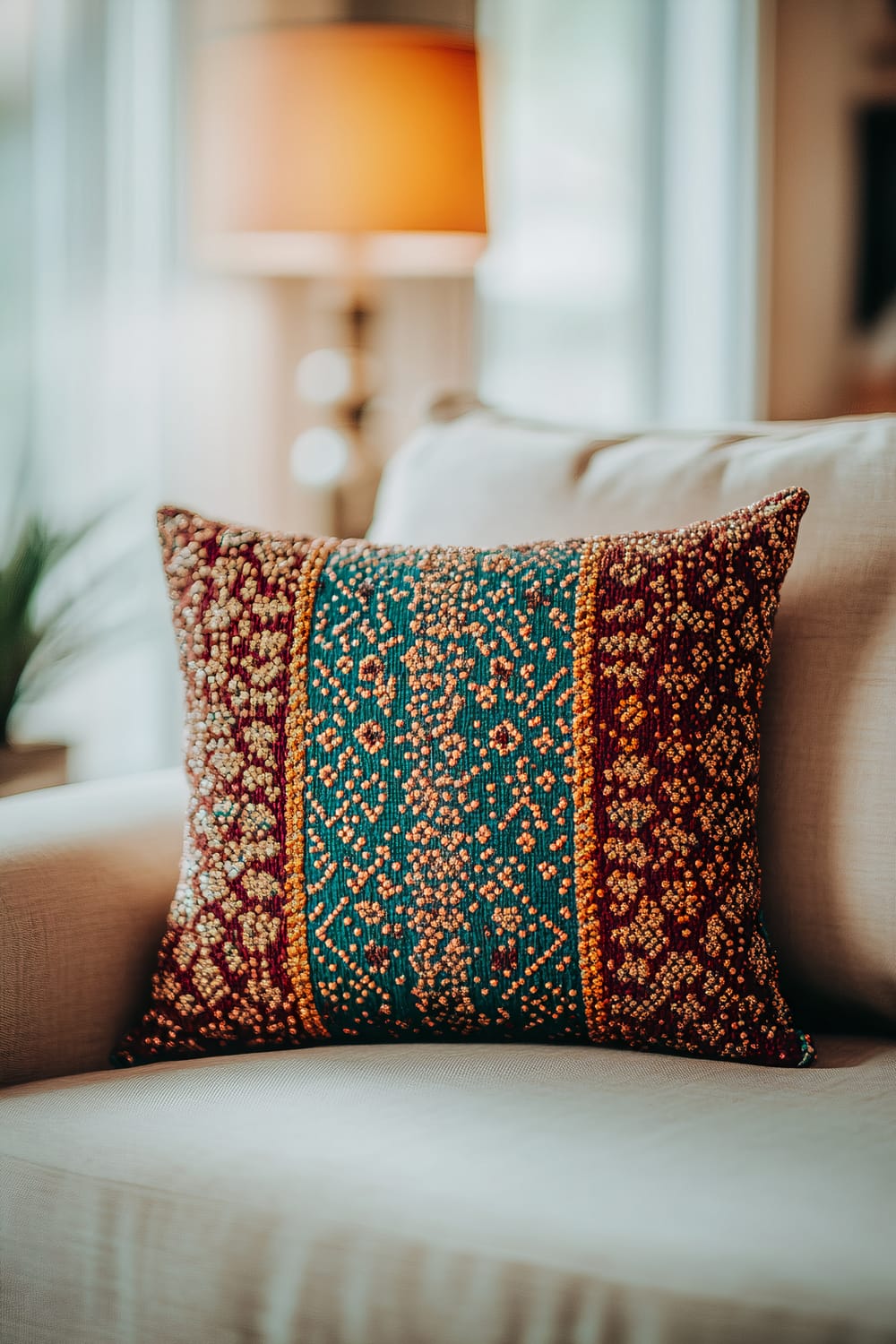 A throw pillow with intricate bead patterns in maroon, teal, and gold colors sits on a neutral-colored sofa. The room is softly lit, with a blurred background that includes a warm table lamp and a hint of potted greenery.