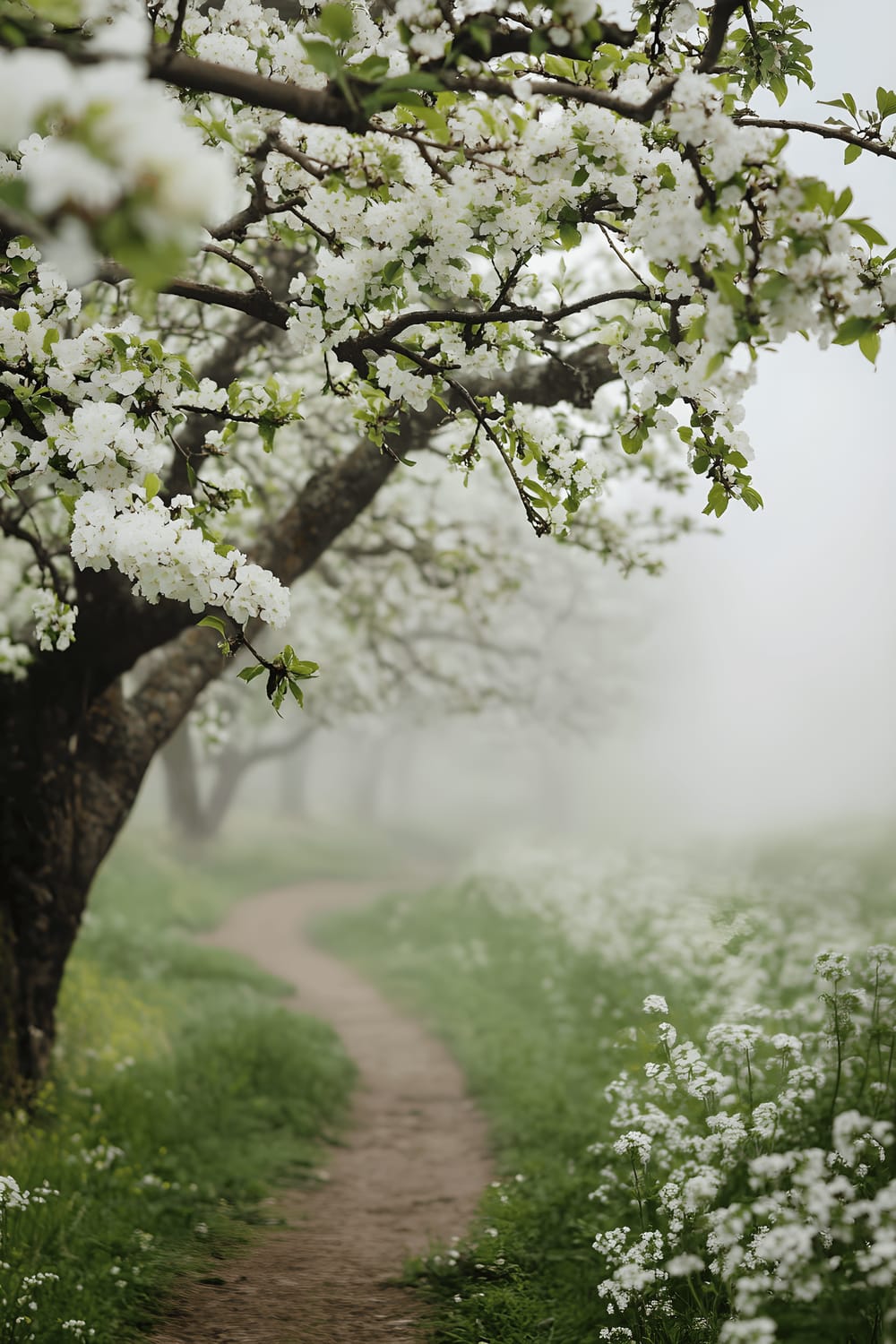 An expansive view of an old-world pear orchard in a poetic and moody spring morning. The orchard is brimming with delicate white Pyrus communis blossoms and tiny emerging green leaves. The gnarled branches of the trees appear oftentimes concealed, oftentimes revealed in the soft rolling mist. A winding dirt path gently cuts through the orchard, disappearing into the dense fog, symbolizing a journey into the unknown.