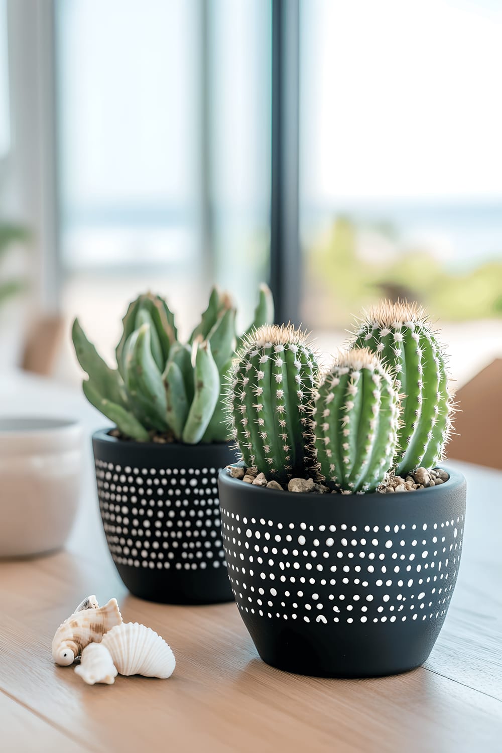 A beachside dining room with a minimalist centerpiece consisting of three small green cacti in black ceramic pots on a light wooden table, facing large windows with an ocean view. The airy room features a sandy color palette and a few scattered seashells on the table.