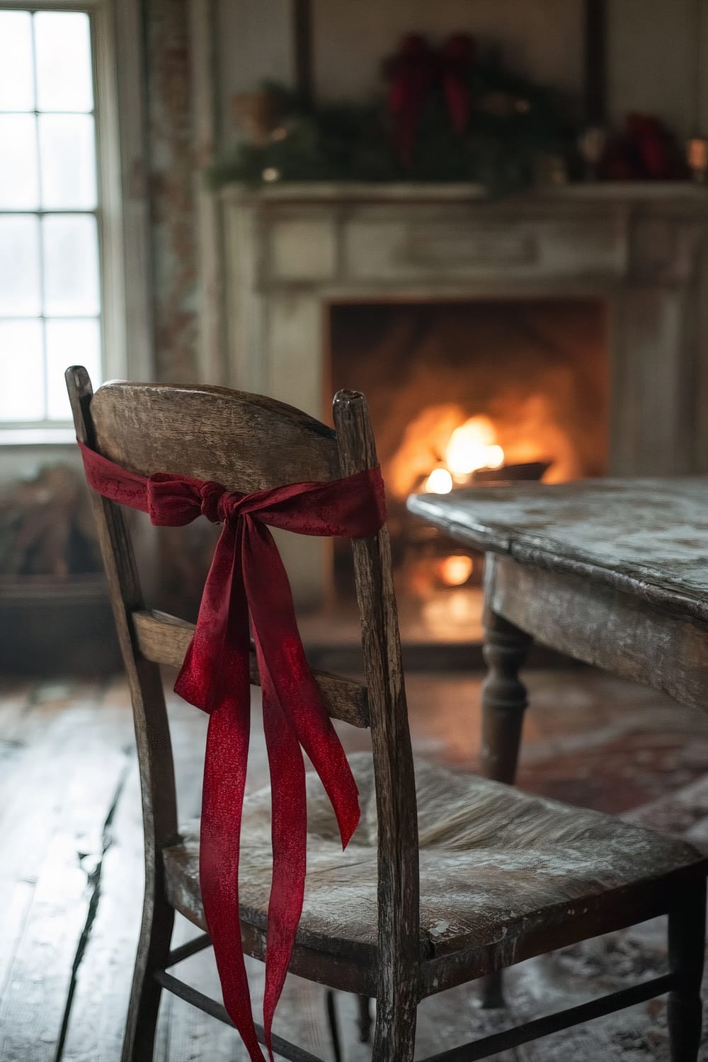 An interior setting with a rustic wooden chair tied with a red bow in front of a wooden table. In the background, there is a lit fireplace with greenery and red decorations on the mantel. A window is to the left, allowing soft natural light into the room.