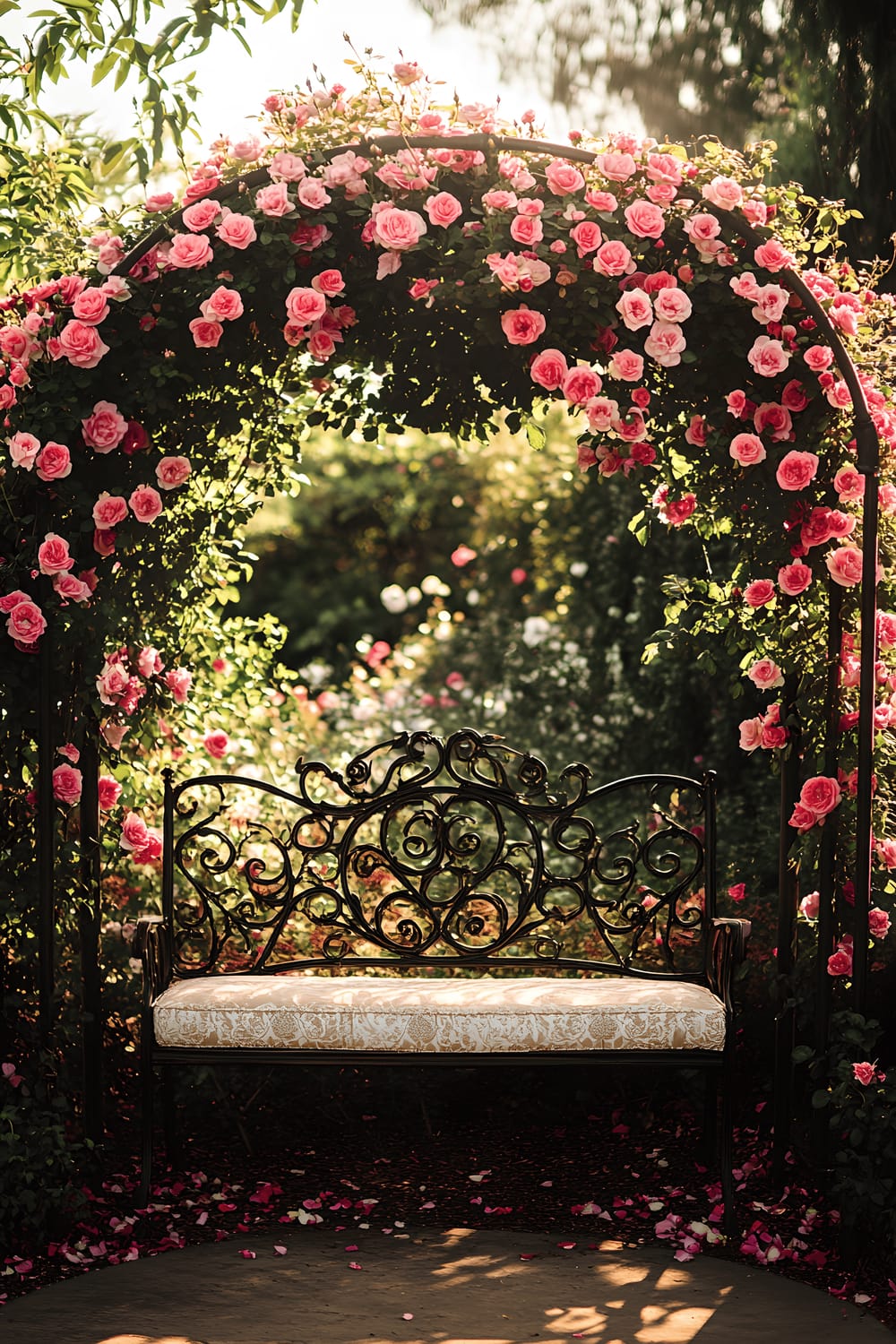 A picturesque outdoor setting featuring a wrought iron bench located under a beautifully blossoming garden arbor. The arbor, which is draped with climbing roses in varying shades of pink and red, creates an overarching canopy that filters the late afternoon sunlight, casting a warm and inviting glow. The bench, detailed with intricate designs, is made comfortable by plush cushions.