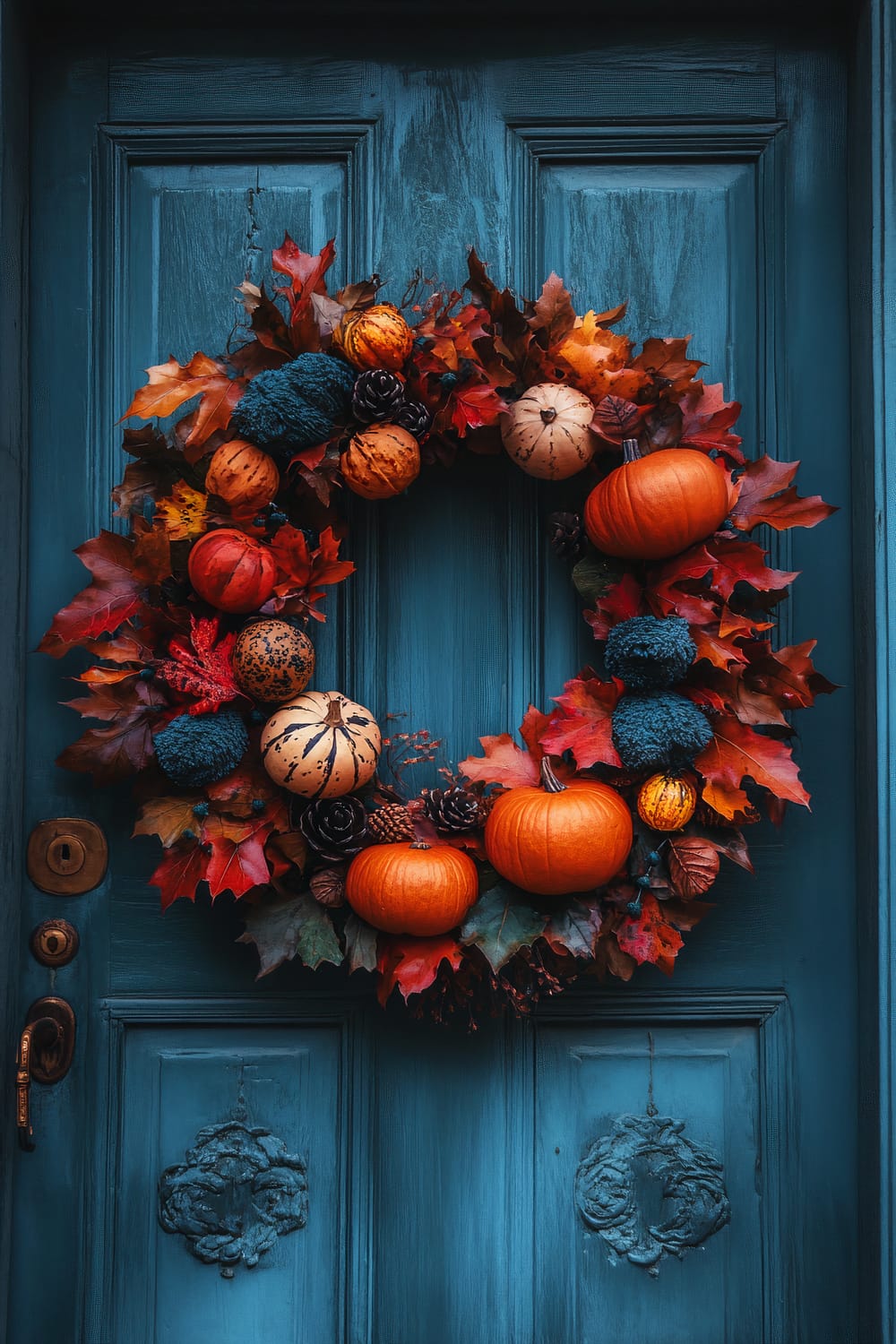 An ornate, deep blue door is adorned with an autumn-themed wreath. The wreath features a rich display of orange pumpkins, variegated autumn leaves in shades of red and brown, pinecones, and textured blue pom-poms. The wreath is detailed with white gourds accented with black striping, enhancing the seasonal decor. The door itself has detailed carvings and a brass lock, lending an elegant aura to the overall scene.