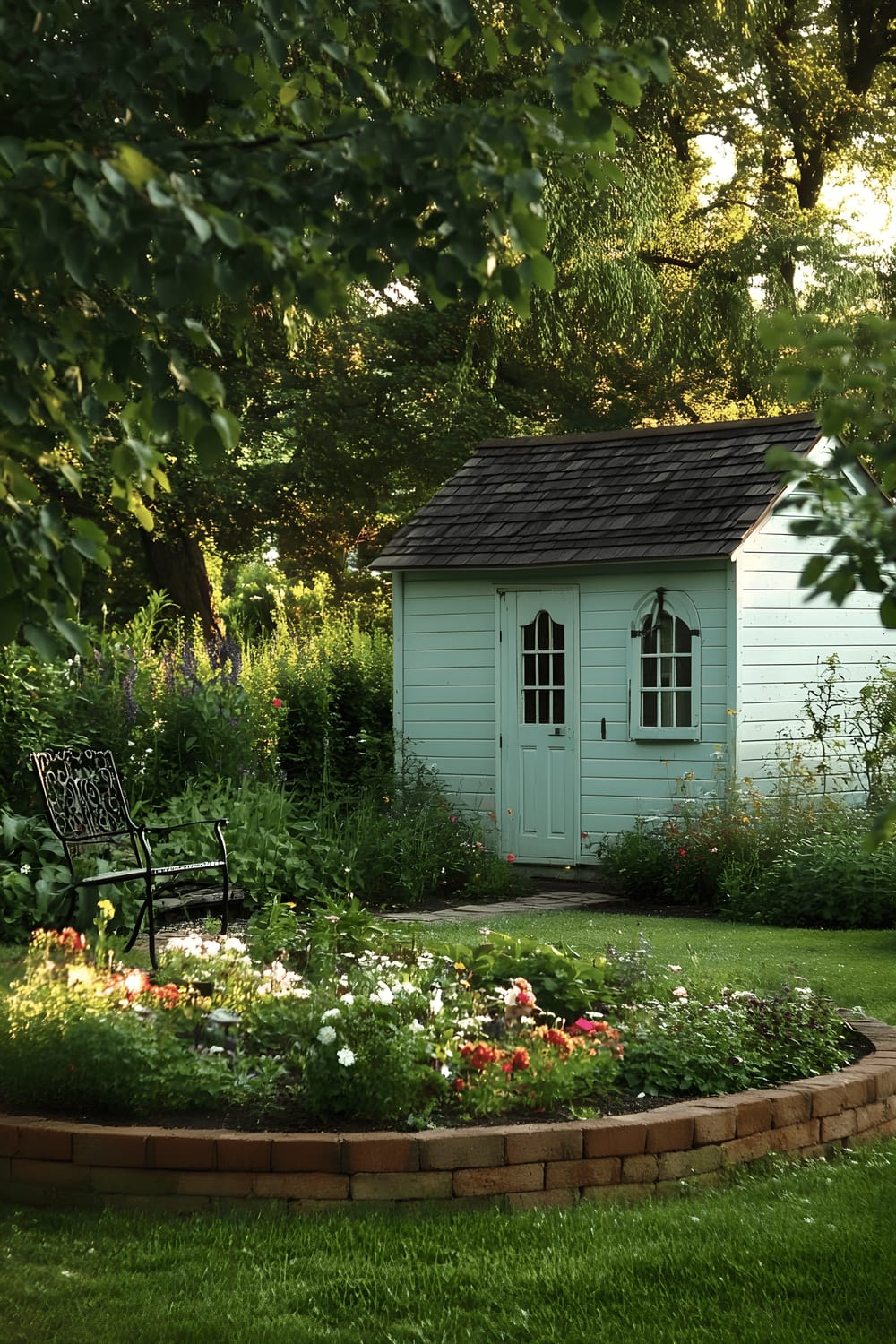 A quaint, retro-style garden shed in pastel hues placed amidst a neatly maintained garden, with simple brick edging and blooming flower beds. The surrounding space houses a solitary, intricately designed, wrought-iron chair, evoking a sense of simplistic nostalgia as the scene is lit by the soft morning light.