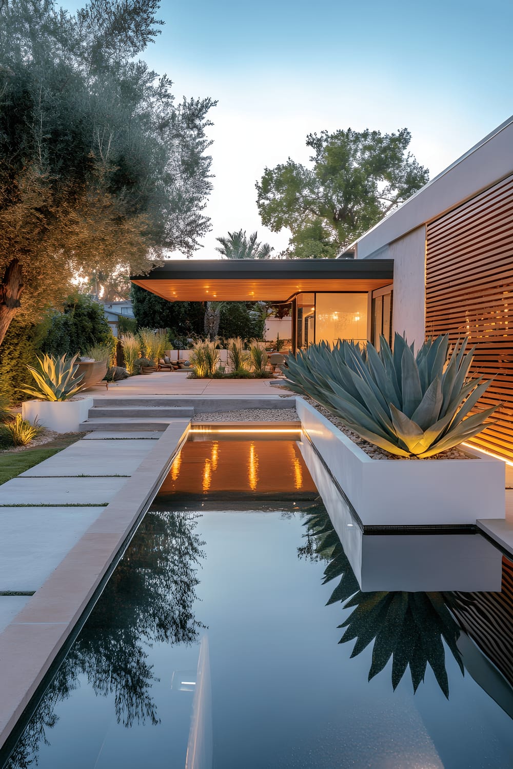 A sleek mid-century modern designed backyard with a rectangular geometric reflecting pool centrally located. On each side of the pool, symmetrical white planters house sculptural agave plants. The entire scene is framed by a minimalist wooden privacy wall with slatted design. Floating concrete steps interlink various elements of the backyard. Ground-level ambient lights add a soft glow, enhancing the cool, clean aesthetic of the space peppered with bold geometric elements.