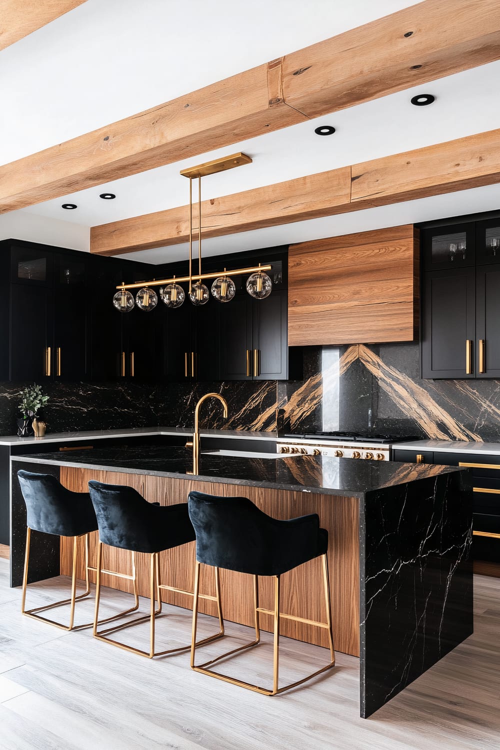 A modern kitchen featuring black cabinets with gold hardware, a black marble countertop with bold white veining, and a matching black marble backsplash. The island has a wooden front, black marble sides, and is paired with three plush, black velvet bar stools with gold bases. Above the island hang two golden pendant lights with multiple glass orbs. The ceiling is adorned with exposed wooden beams and recessed lighting.