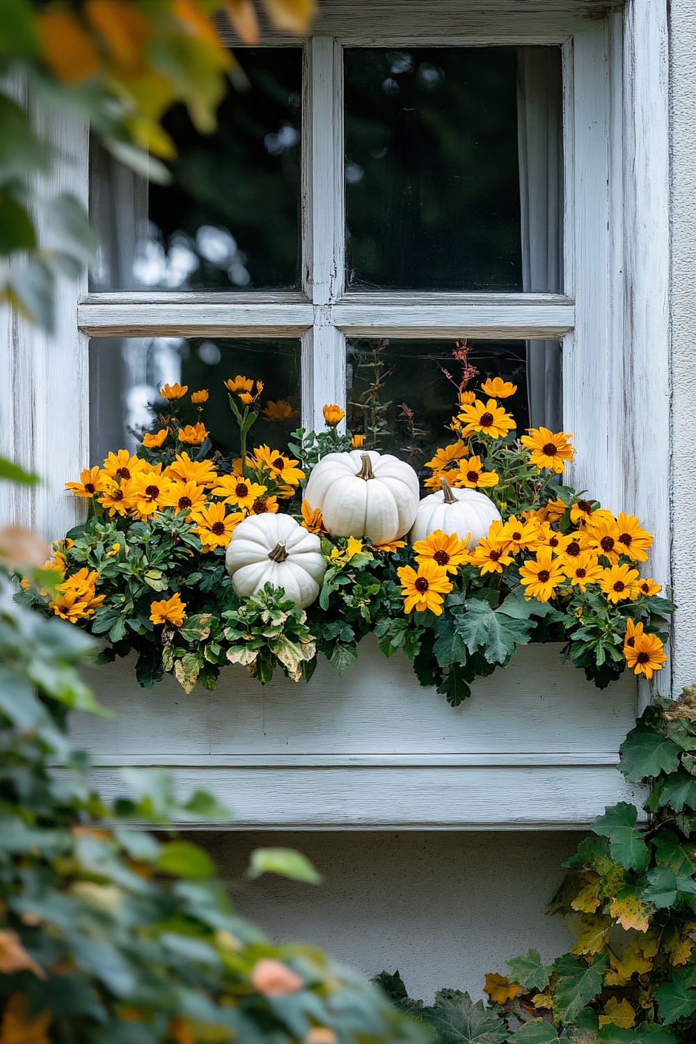 A rustic window box adorned with vibrant yellow chrysanthemums and white pumpkins. The window frame is weathered and painted in a distressed white. Surrounding the window, there are green leaves and hints of orange foliage, contributing to an autumnal feel.