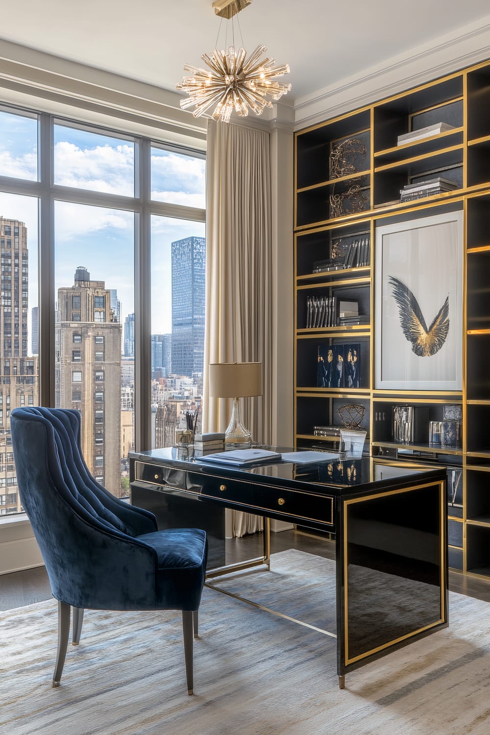 This image showcases a luxurious home office with an elegant design. A grand window offers a view of tall buildings, allowing ample natural light to fill the room. The centerpiece is a sleek black desk with gold accents, featuring a classic table lamp and neatly arranged items. Behind the desk is a sophisticated bookshelf painted in dark hues with gold trims, housing several artifacts and books. An eye-catching framed artwork depicts a golden eagle's wing. To the left of the desk is a plush blue velvet chair, adding a touch of softness to the otherwise opulent space. A modern chandelier with an intricate design hangs from the ceiling, providing ample lighting and enhancing the room's grandeur.