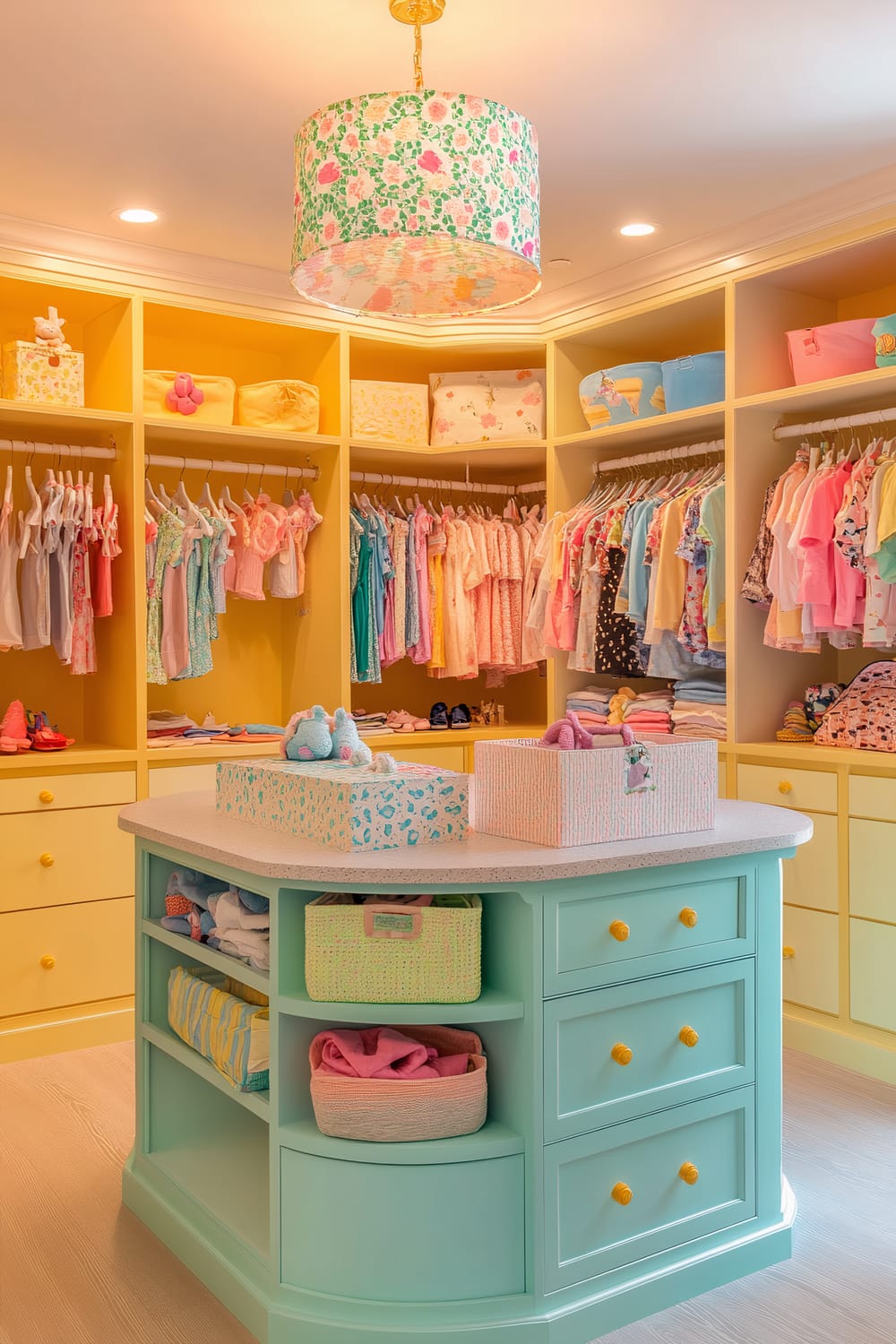 A colorful walk-in closet designed for children with pastel cabinetry, a lower-height central island, open shelves, and playful wall decals. The island has a soft fabric cushion on top, drawers, and open storage below with baskets and folded clothes.