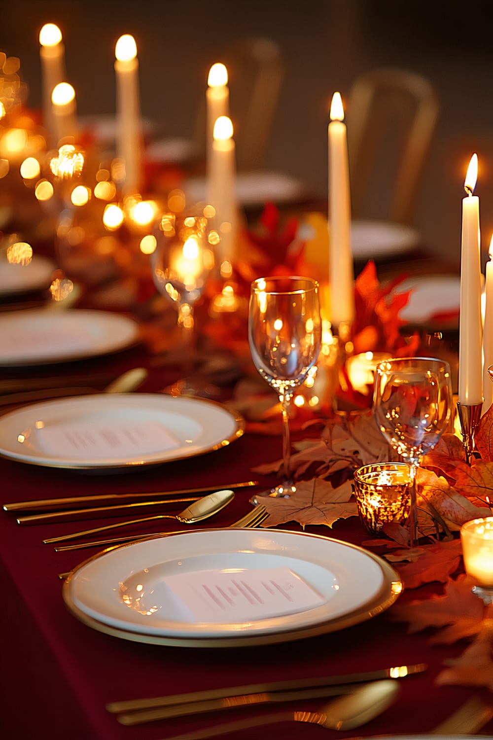 A sophisticated Thanksgiving table setting with a maroon and gold color scheme, featuring white ceramic plates, gold flatware, a linear arrangement of tall candles, and autumn leaves as a centerpiece. The dramatic side lighting enhances the warmth and contrasts of the setup.