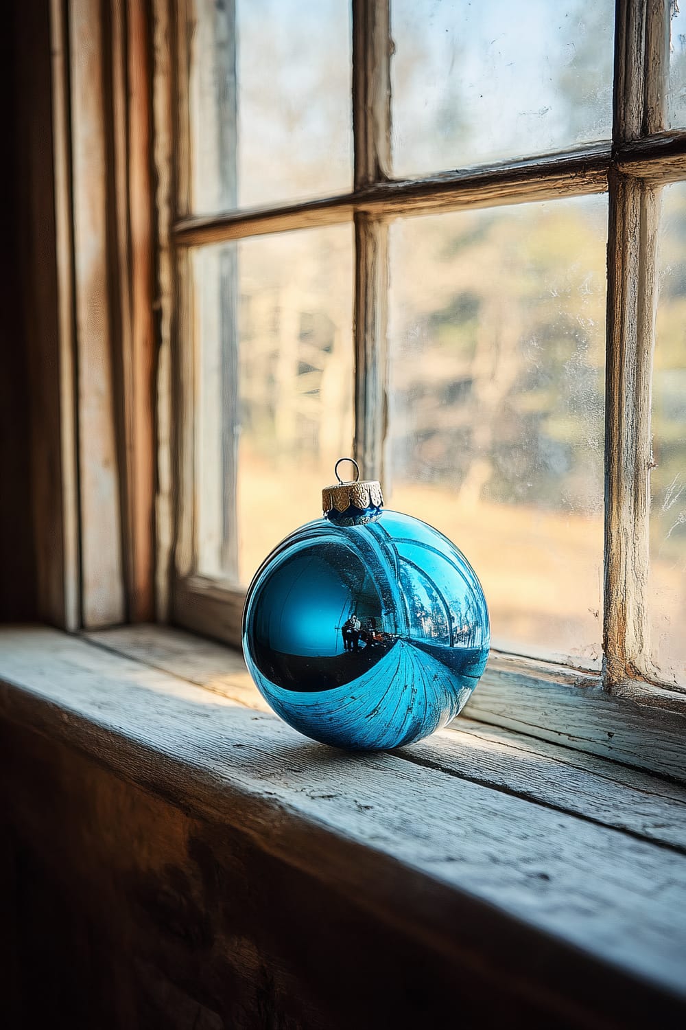 A single blue Christmas ornament rests on a weathered wooden window sill. The window looks old, with slightly foggy panes and wooden frames showing signs of wear. The ornament reflects the surrounding room, showing a partially distorted image of an interior space with some furniture. The background through the window reveals a blurred, sunlit, natural landscape.