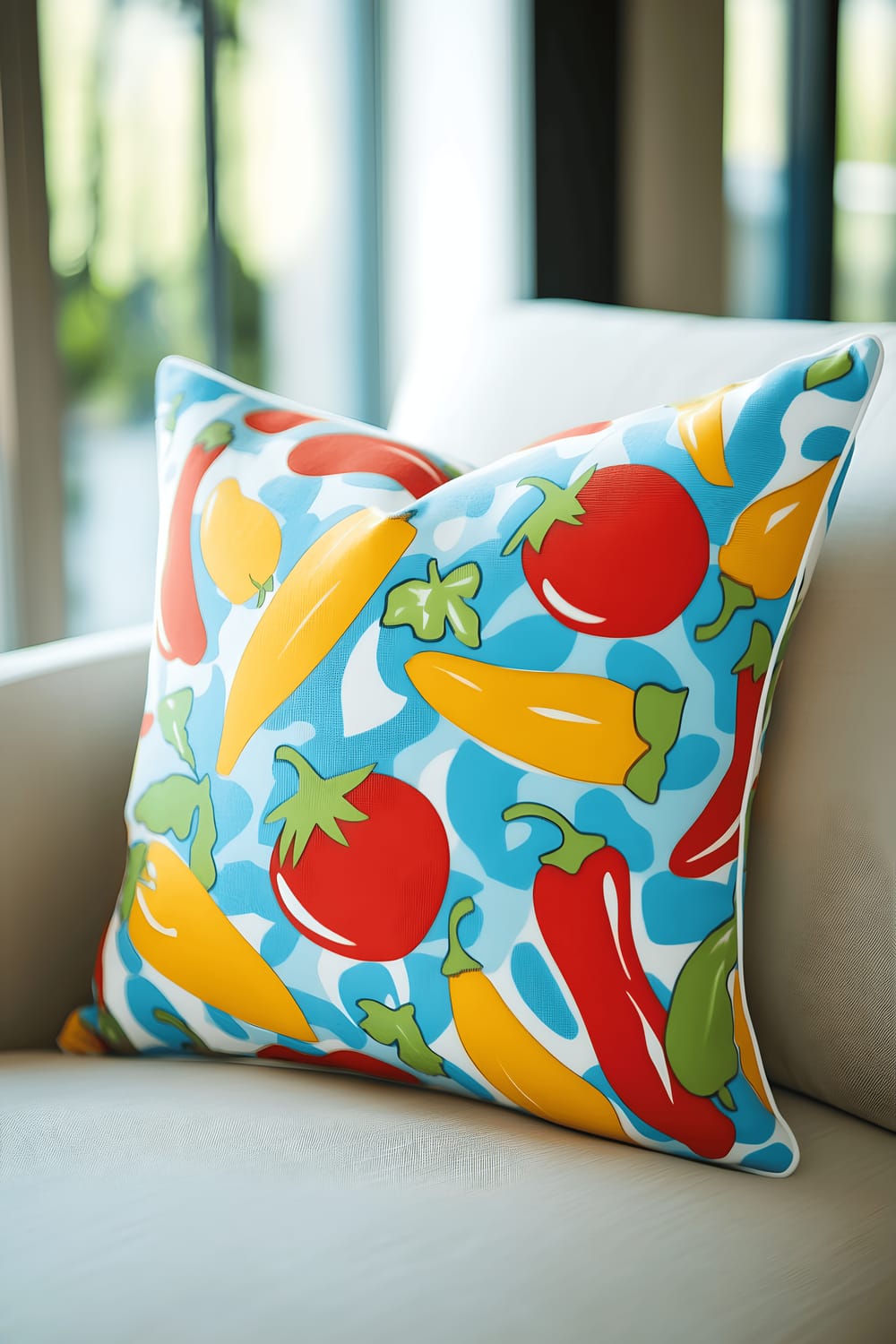 A brightly coloured throw pillow adorned with cartoon images of red tomatoes, yellow peppers, and green cucumbers set against a bright blue background, resting on a modern white sofa. Natural light from a nearby window enhances the vibrant colors and playful pattern of the pillow.