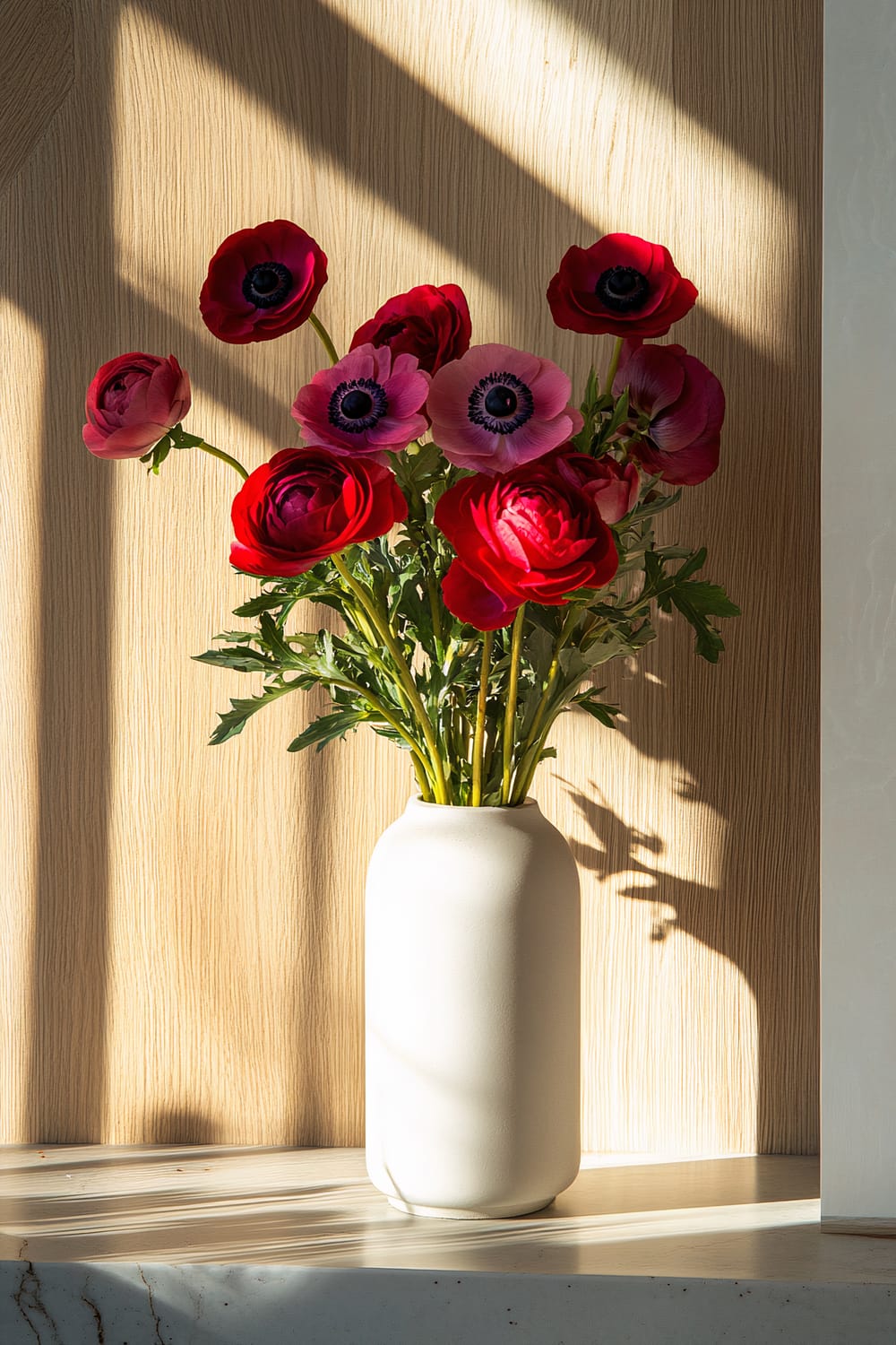 A white ceramic vase filled with vibrant red and pink anemone flowers sits on a marble countertop. The vase is positioned against a light wooden backdrop, with sunlight casting shadows of the flowers on the wooden surface.