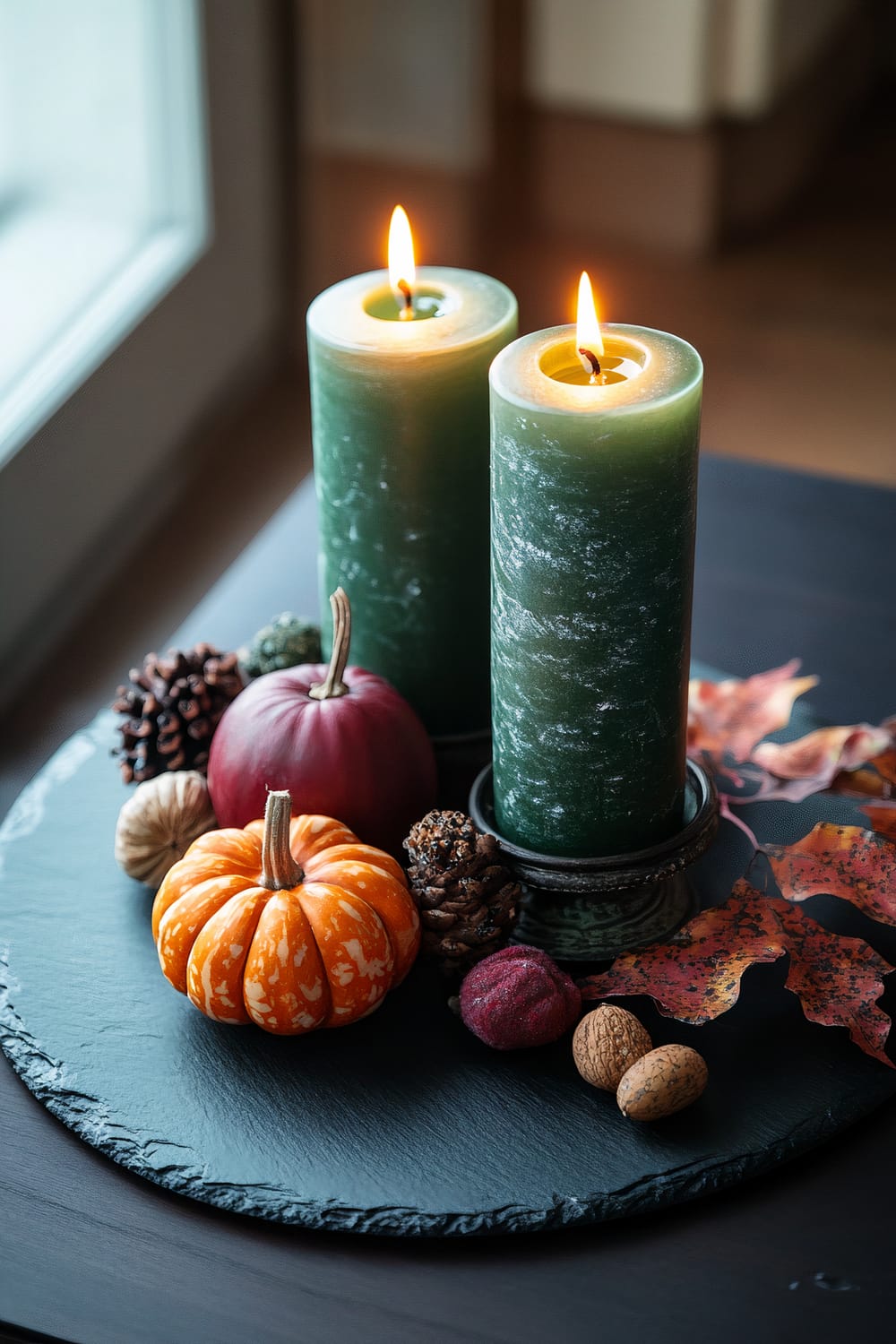 Two lit chartreuse candles are arranged on a black slate plate along with decorative elements including a small orange pumpkin, a burgundy pumpkin, pine cones, acorns, a fuzzy red berry, and autumn leaves.