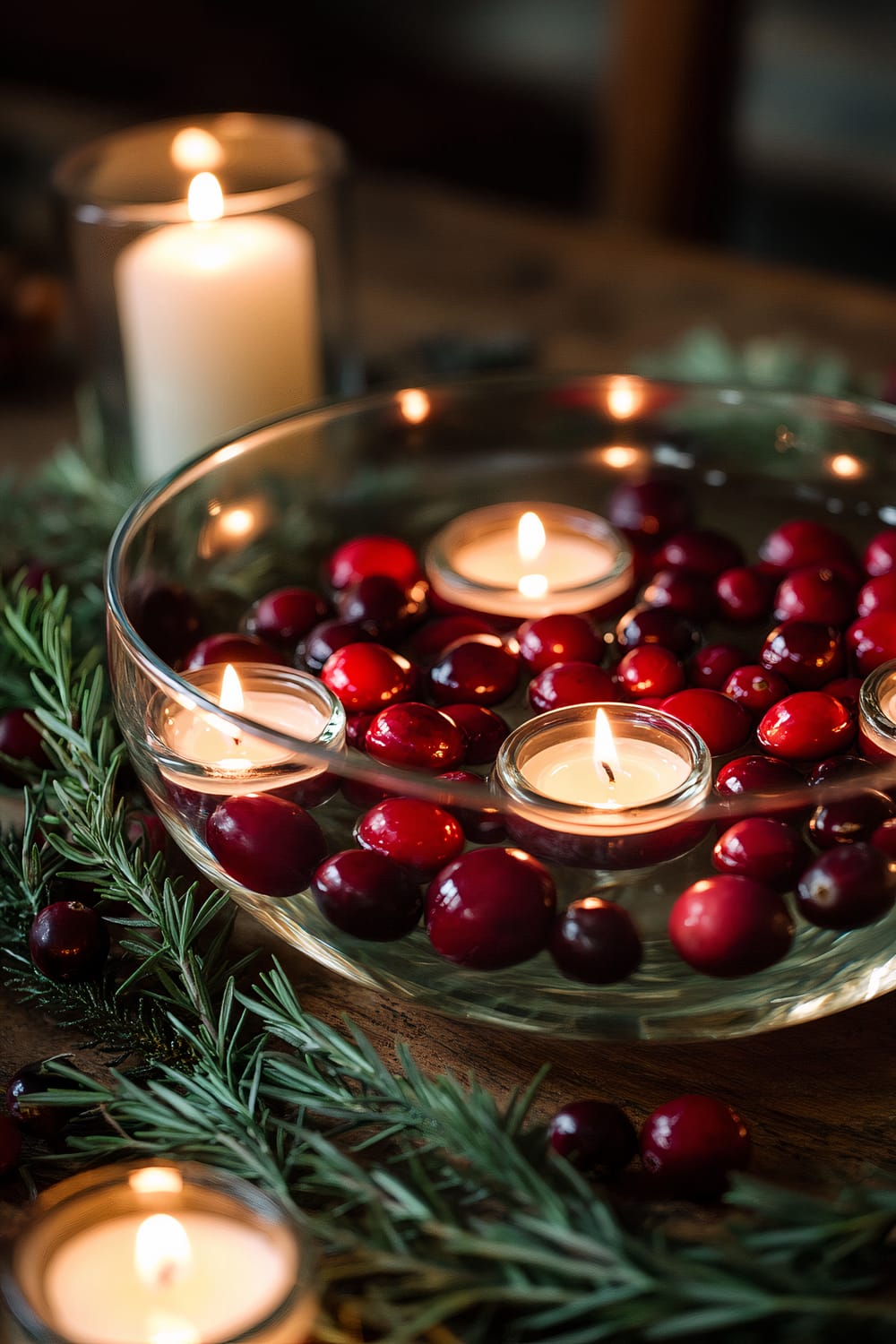 A glass bowl filled with water, floating red cranberries, and tea light candles on a wooden table. Around the bowl, there are green pine boughs and other lit candles creating an inviting holiday ambiance.