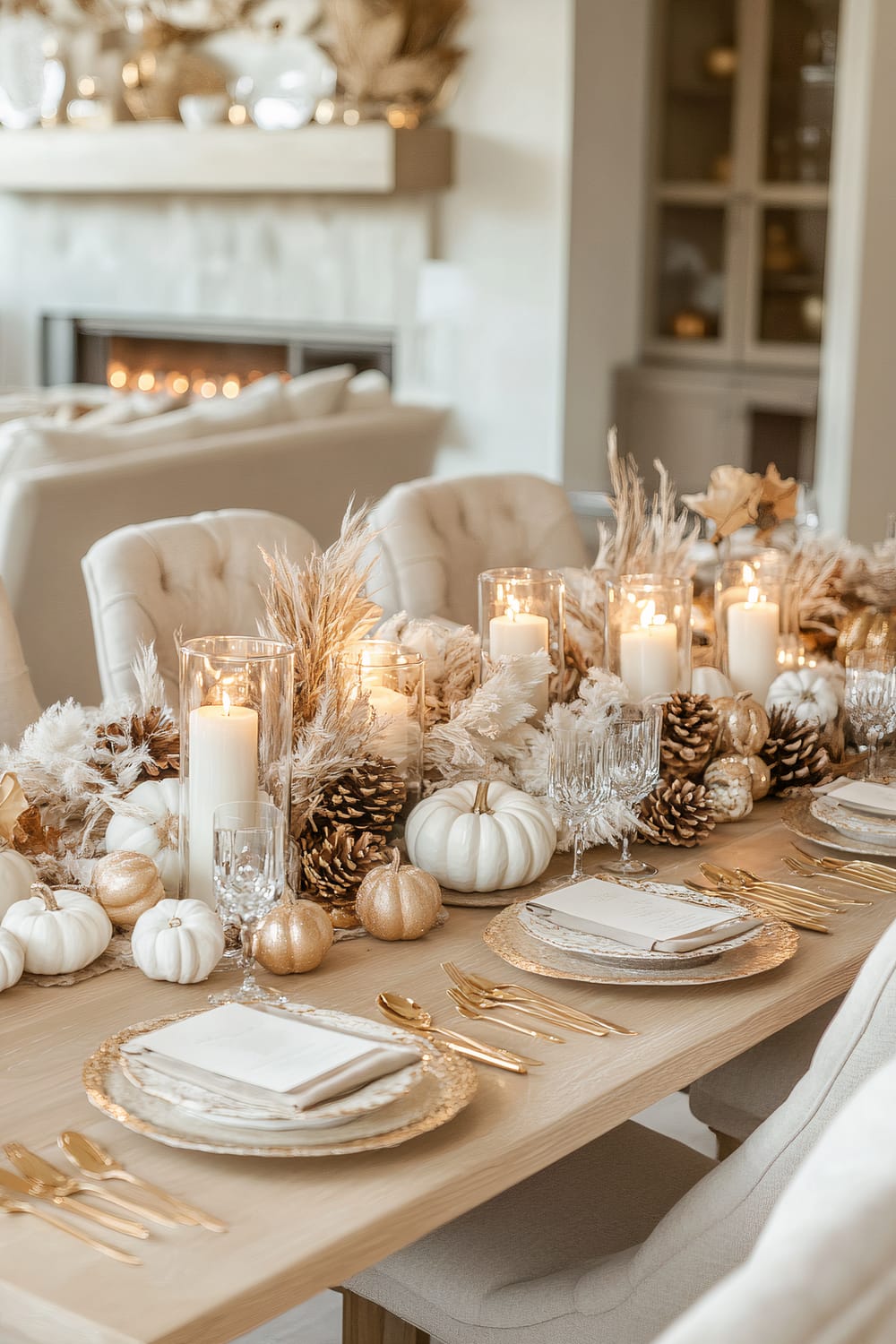 A finely decorated Thanksgiving dining table setup featuring a fall-themed centerpiece. The table has white and gold pumpkins, pinecones, and tall white candles in glass holders. The place settings include gold-rimmed plates, beige napkins, and gold flatware. In the background, there are beige, tufted chairs, a fireplace with a mantle adorned with decorative items, and a cabinet with glass doors.