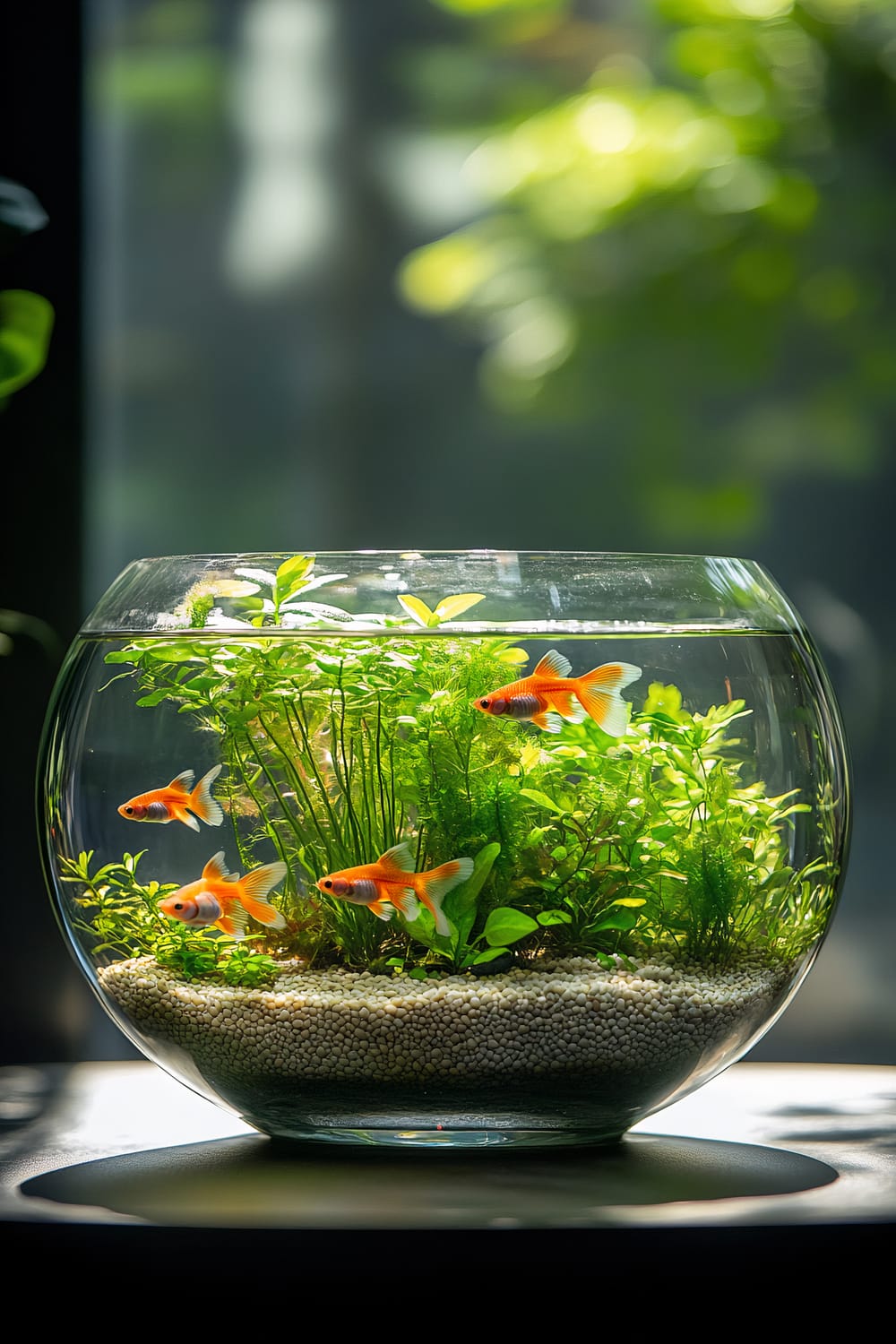 A glass fishbowl on a table, illuminated by soft sunlight, contains three small orange goldfish swimming among well-maintained aquatic plants. The fishbowl is filled with clear water and features a gravel bottom. Background is blurred with hints of green foliage, indicating a serene and natural setting.