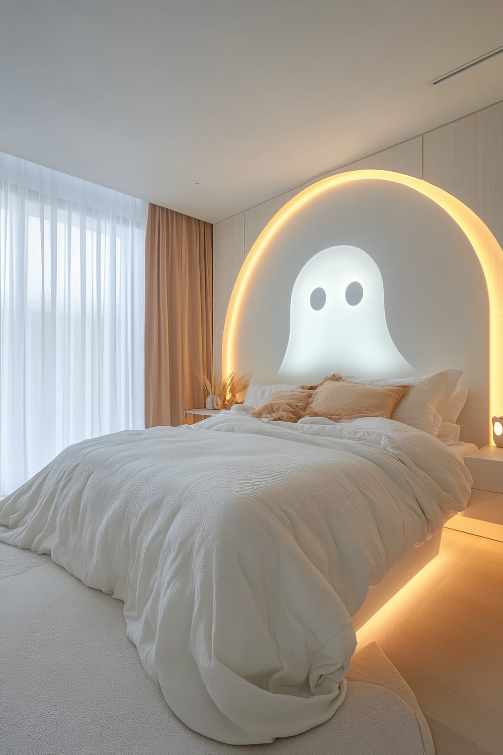 A minimalist bedroom featuring a ghost-shaped LED headboard with soft white bedding, pastel-colored curtains, and subtle ambient lighting creating a serene and modern Halloween atmosphere.