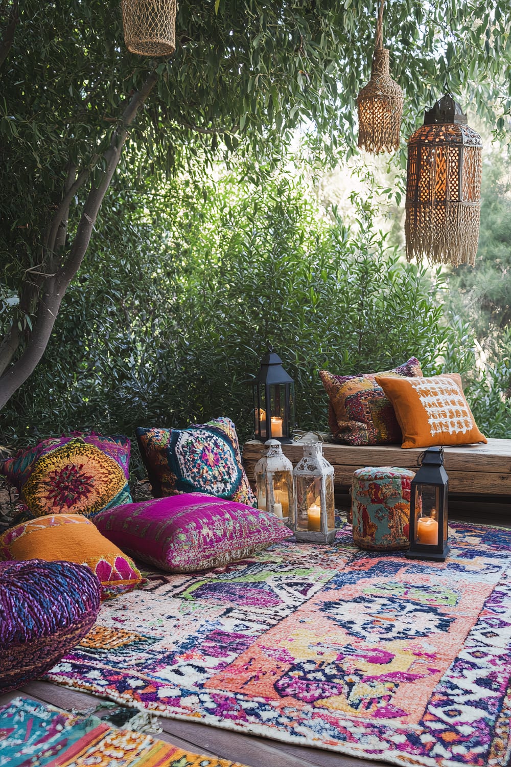 An outdoor seating area under dense, leafy tree branches featuring an array of colorful, patterned pillows and rugs. Hanging lanterns with intricate designs and enclosed candles illuminate the scene. Clustered on the ground are various lanterns, each containing a lit candle, adding to the warm ambiance.