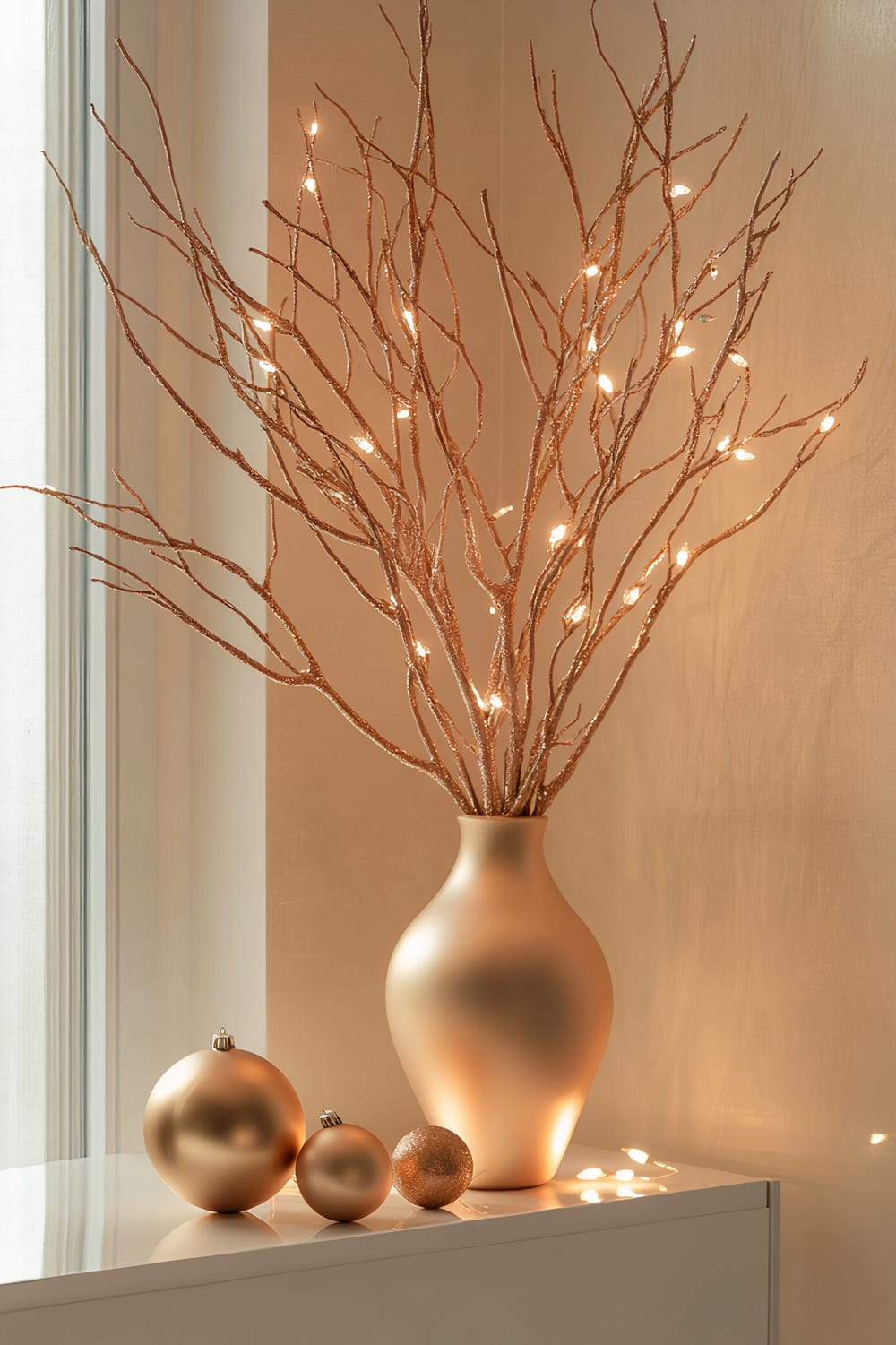 A minimalist display featuring metallic-painted branches arranged in a modern, matte-finished vase, with small, neutral-toned ornaments nestled among them. The branches are adorned with small lights, and the entire arrangement is illuminated by directional lighting that accentuates the metallic sheen and intricate branch details. The scene is set on a white surface near a vertical light-colored wall.