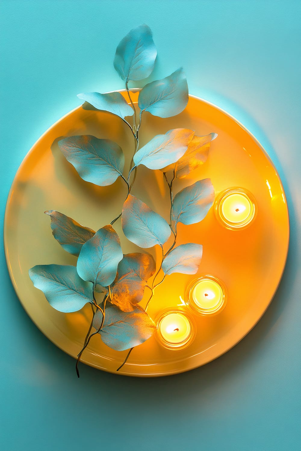 A flat, golden yellow ceramic plate with an arrangement of turquoise leaves and lit golden candle lights. The scene is softly lit from the side, highlighting the vibrant contrast between the turquoise leaves and the golden plate. The plate and candles are set against a turquoise background.