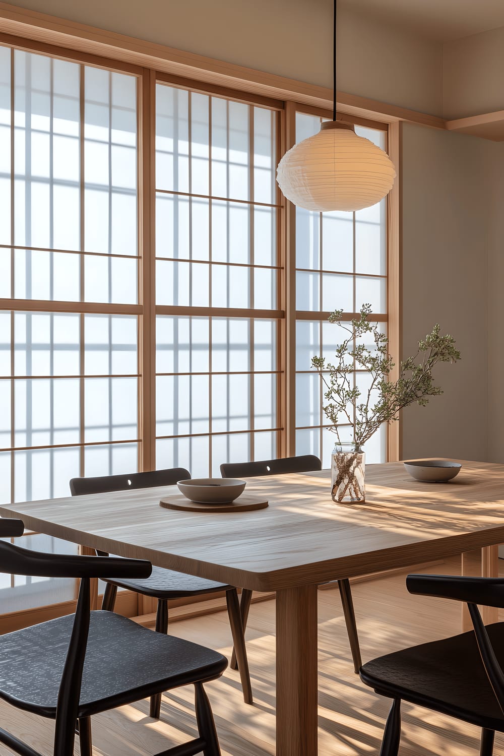 Elegant dining area in a Tokyo apartment featuring minimalist wooden furnishings. Black sleek chairs are neatly tucked into the table. The background is dominated by a tastefully styled shoji screen with intricate patterns. A singular ikebana flower arrangement in a clear glass vase is the focal point of the scene, exuding a natural touch amidst the otherwise wooden decor.