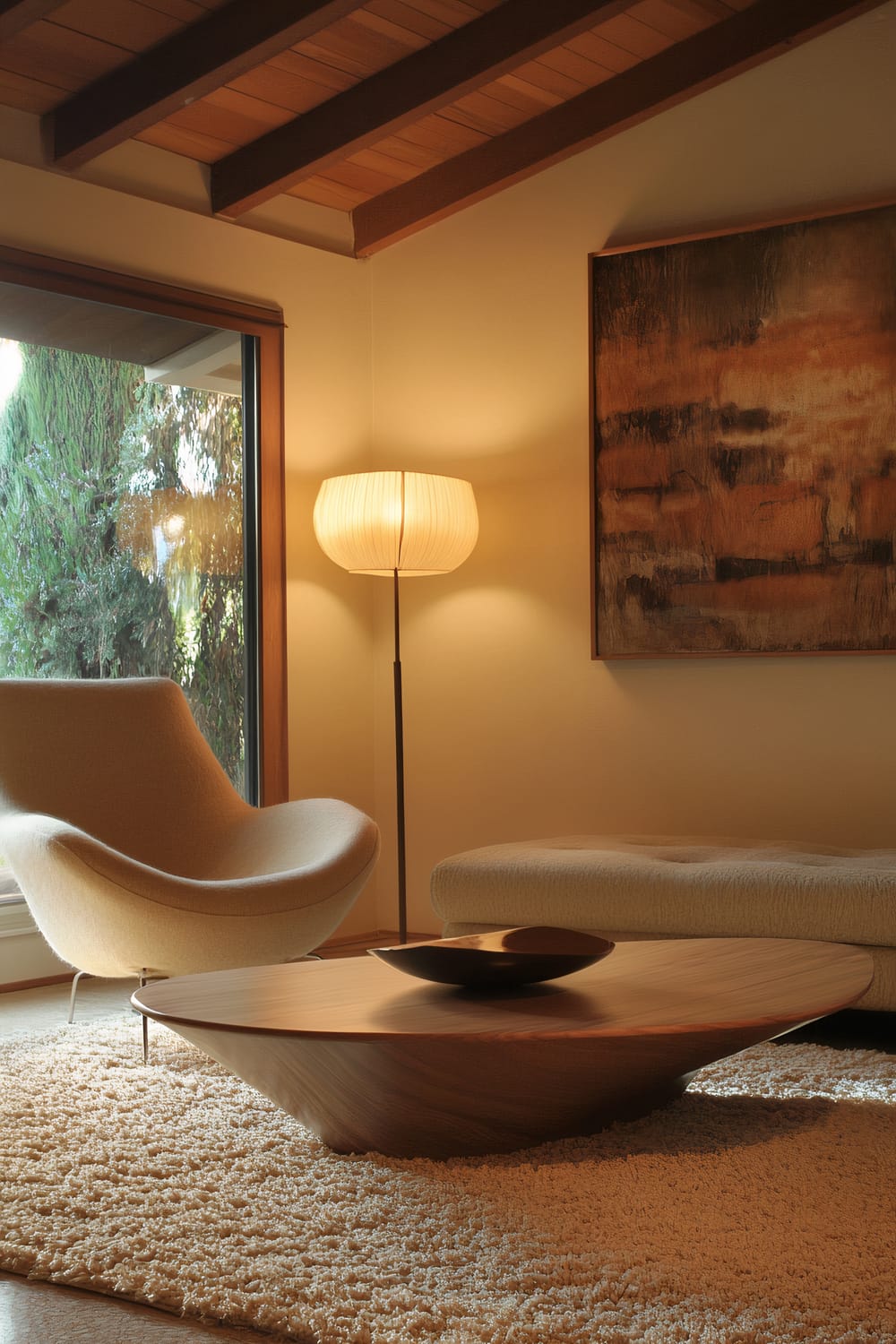 A modern living room with bold, asymmetrical furniture, including a unique wooden cocktail table, an atypical silhouette lounge chair, and a curvy rug. The room features soft lighting from a stylish floor lamp and a large abstract artwork on the wall. A window provides a view of outdoor greenery.