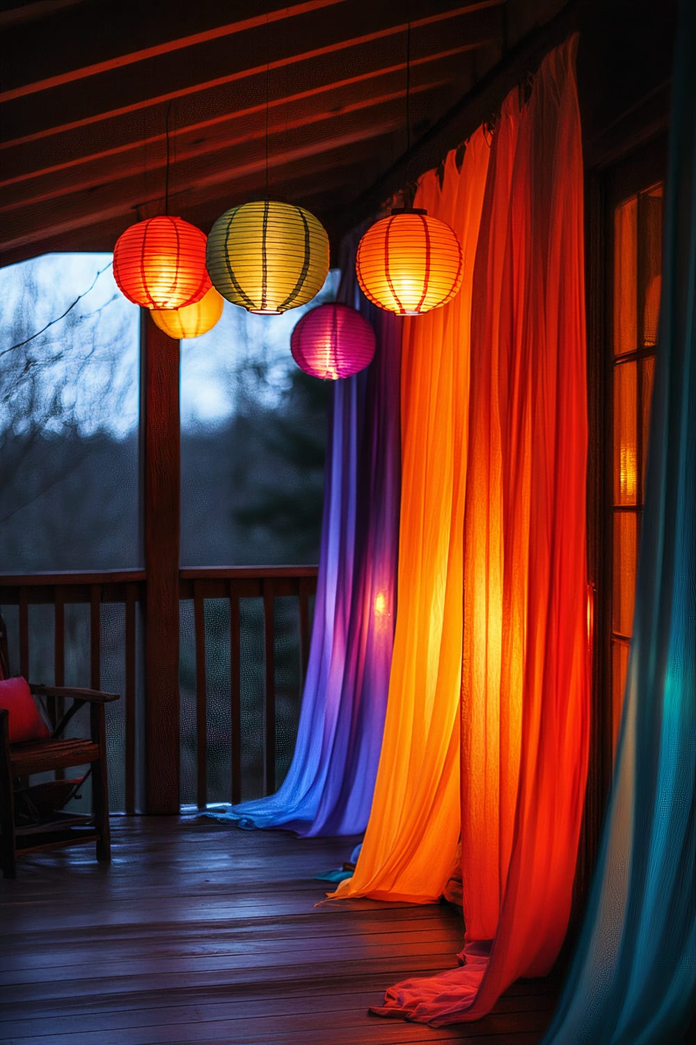 An outdoor veranda decorated with colorful hanging lanterns and vibrant drapes. The lanterns are in shades of red, yellow, green, blue, and purple, emitting a warm light. The drapes hanging down the side of the veranda are in orange, purple, and blue. The veranda has wooden flooring and railing. In the background, it’s twilight with silhouette trees visible.