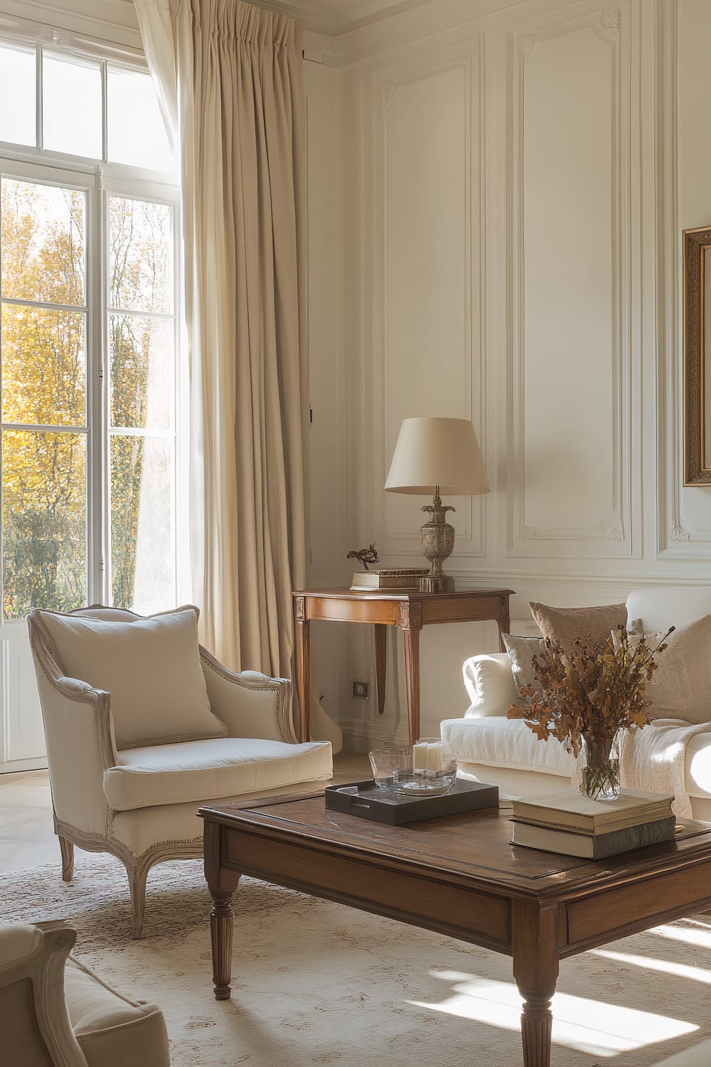 An elegantly decorated living room bathed in natural light. A large window with beige curtains dominates the backdrop. French-style armchairs, upholstered in light fabric, sit around a wooden coffee table adorned with a candle tray, books, and a floral arrangement. A side table with a classic lamp and more books stands in the corner against wainscoted white walls.