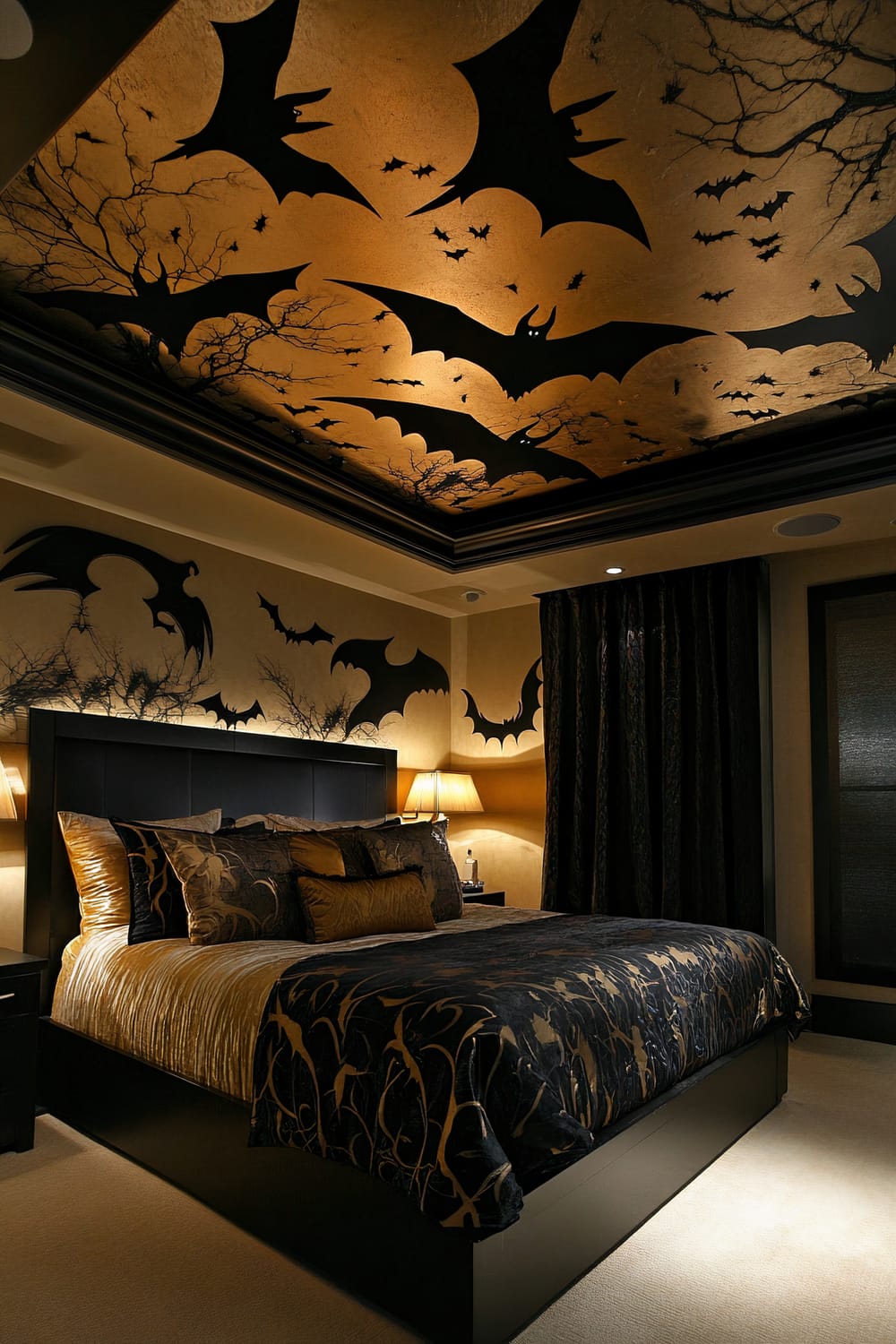 Stylish bedroom decorated for Halloween with bat silhouettes integrated into the ceiling design. The room features a bold black and gold color palette with focused lighting highlighting the intricate ceiling artwork. The space feels spacious and uncluttered, with a black bed featuring gold-toned bedding and patterned pillows, illuminated by table lamps on both sides.