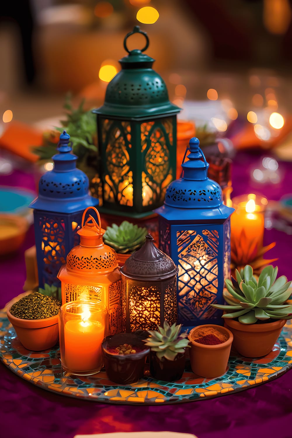 A vibrant Moroccan-inspired centerpiece on a burgundy tablecloth, featuring a collection of colorful metal lanterns in hues of cobalt blue, emerald green, and burnt orange. The lanterns are arranged on a decorative mosaic plate, surrounded by small jars filled with aromatic spices like saffron, paprika, and cinnamon sticks. Small terracotta pots with succulents are interspersed amongst the lanterns and spice jars, and warm lighting shines down, highlighting the intricate patterns of the lanterns and vivid spice colors.