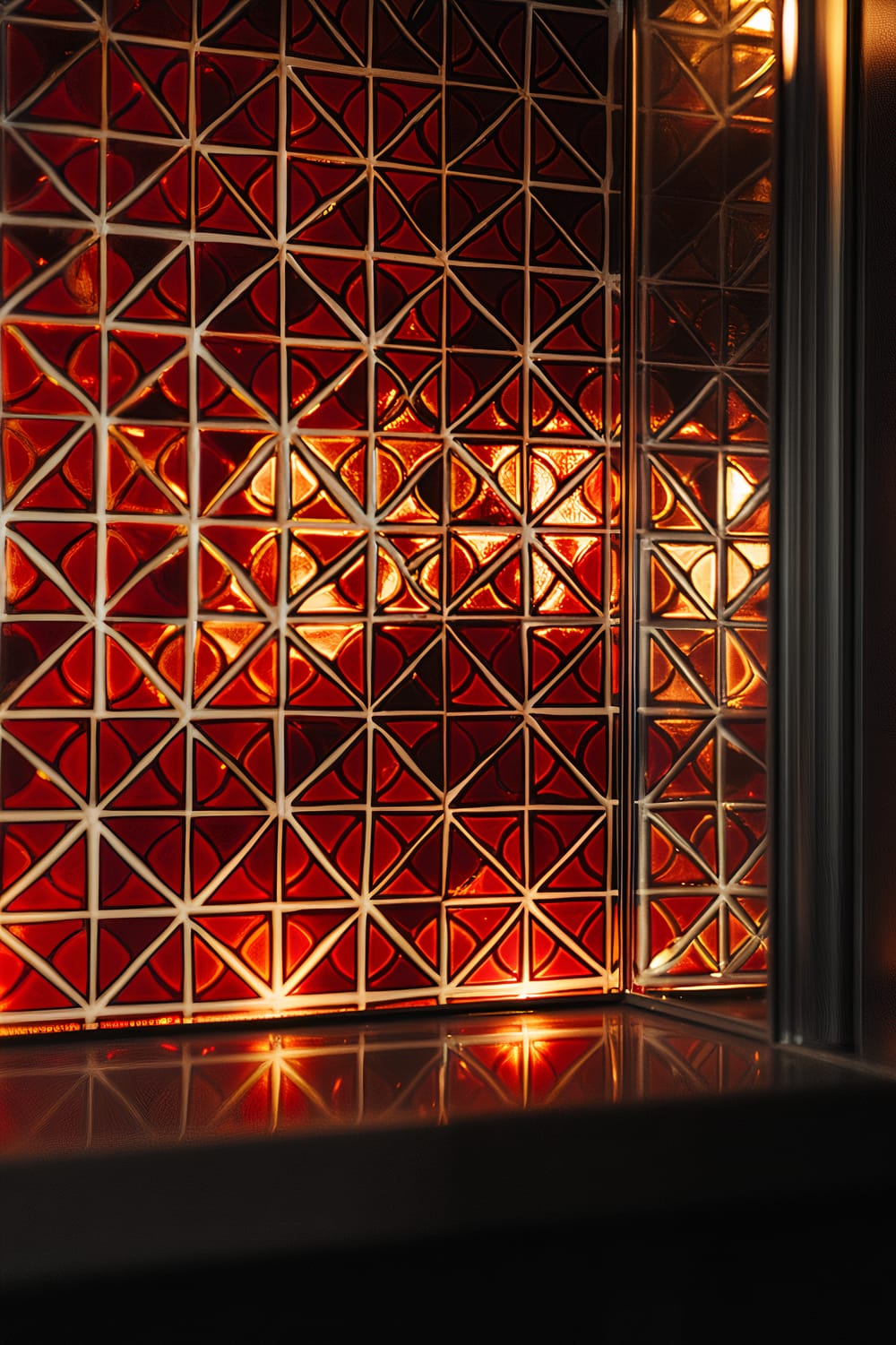 A close-up view of kitchen backsplash tiles with a red and gold geometric pattern. The tiles are illuminated with dramatic lighting, showcasing vibrant highlights and deep shadows that enhance the intricate design and bold color scheme. The surrounding area is kept simple, allowing the patterned tiles to stand out as a focal point.