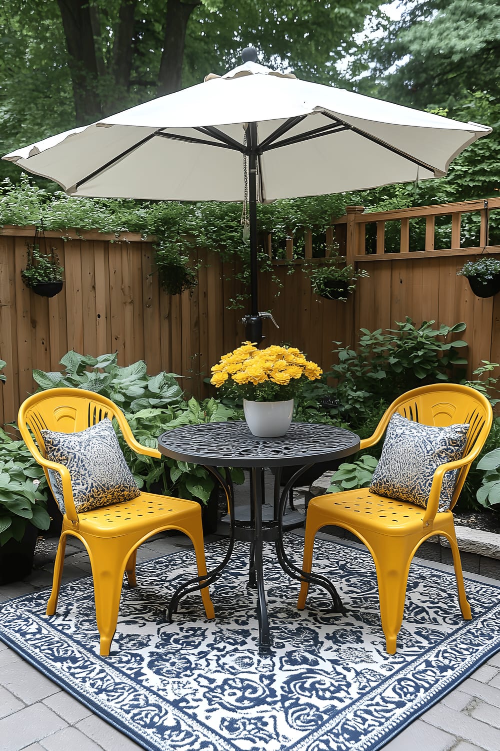 A quaint small backyard featuring a seating area with a round metal table and two vibrant yellow chairs nestled on a patterned outdoor rug. A large, white patio umbrella provides shade, and potted plants with yellow flowers add a touch of nature. The backdrop is a wooden fence draped with hanging ivy, and the surrounding area boasts lush greenery.