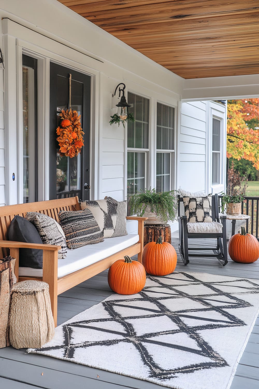 An elegant porch featuring a wooden bench adorned with modern cushions in black, white, and beige patterns. The floor is covered with a geometric rug, also in black and white. Orange pumpkins are strategically placed around the area, invoking a seasonal Autumn vibe. A fall-themed wreath hangs on the door, and lush green plants in woven baskets add a natural touch. A black rocking chair with matching cushions sits to the side, with a small wood stump table beside it.