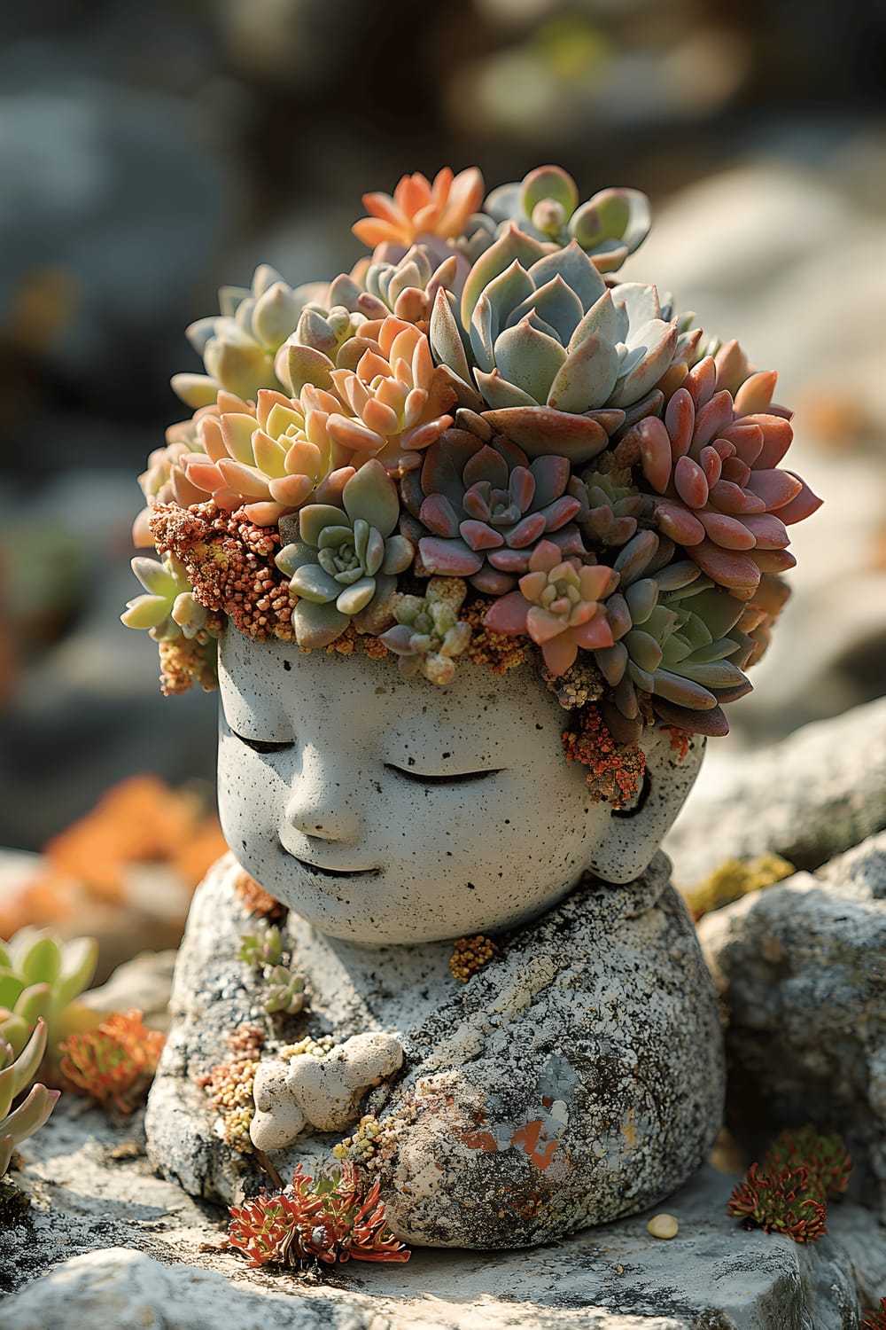 A playful Buddha statue composed entirely of vibrant, succulent plants surrounded by a serene outdoor nature scene.