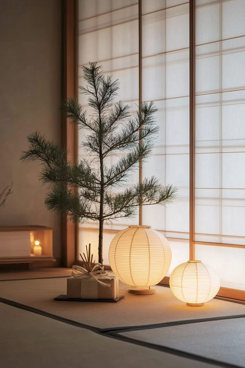 A minimalist Japanese-inspired room featuring a small pine tree, two glowing paper lanterns, a wrapped gift, and shoji screen walls. A lit candle can be seen in the background on a wooden shelf.