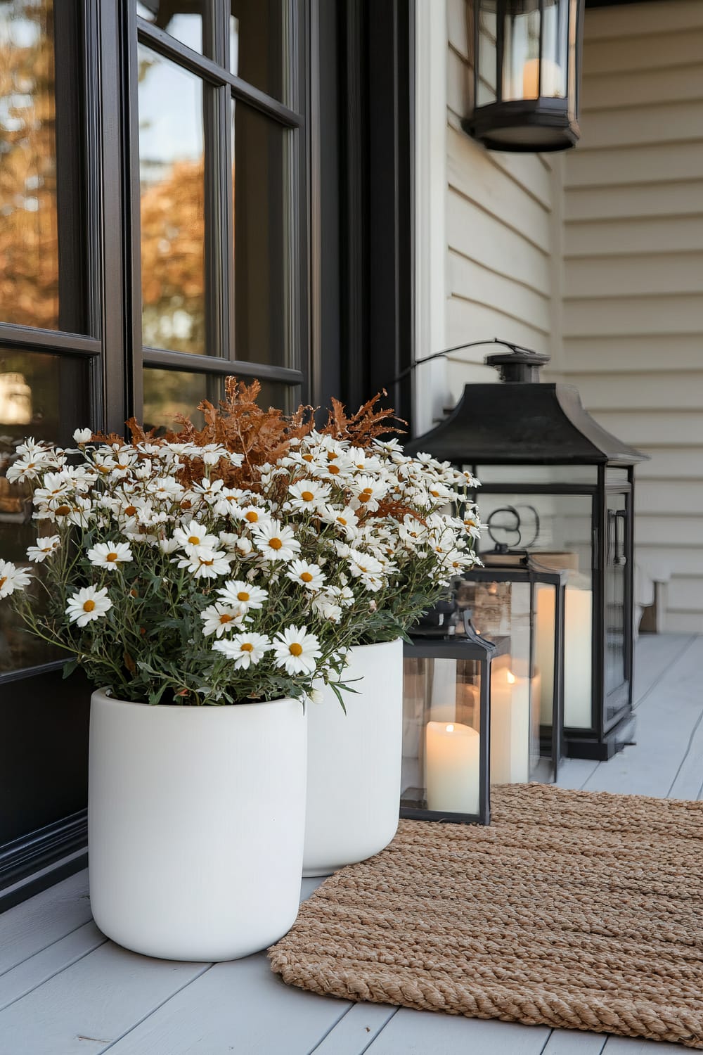 Outdoor porch featuring large glass-paned double doors in black, adorned with two sizable white planters filled with blooming white daisies and dried brown ferns. Adjacent to the plants are several black metal lanterns of varying heights, each holding a lit white candle. Underfoot, there is a woven jute rug providing a natural texture.