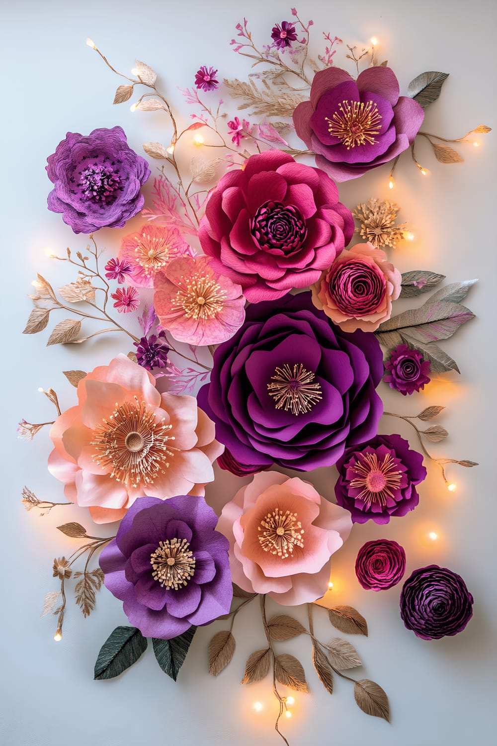 A creative space with a wall covered in beautiful handmade paper flowers of roses, daisies, and peonies in diverse vibrant colors like pinks, purples, and golds. Interwoven amongst the flowers are sparkling fairy lights that add a magical atmosphere to the space.