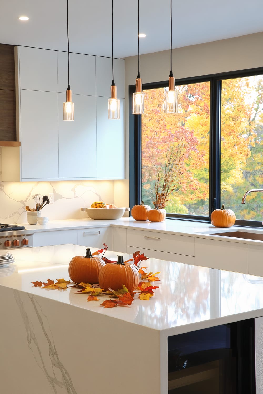 A modern kitchen scene with fall decor. The kitchen features sleek white cabinetry and marble countertops with subtle veining. Pendant lights with copper accents hang over the kitchen island, which is adorned with small pumpkins and colorful autumn leaves. A large window offers a view of the vibrant fall foliage outside.