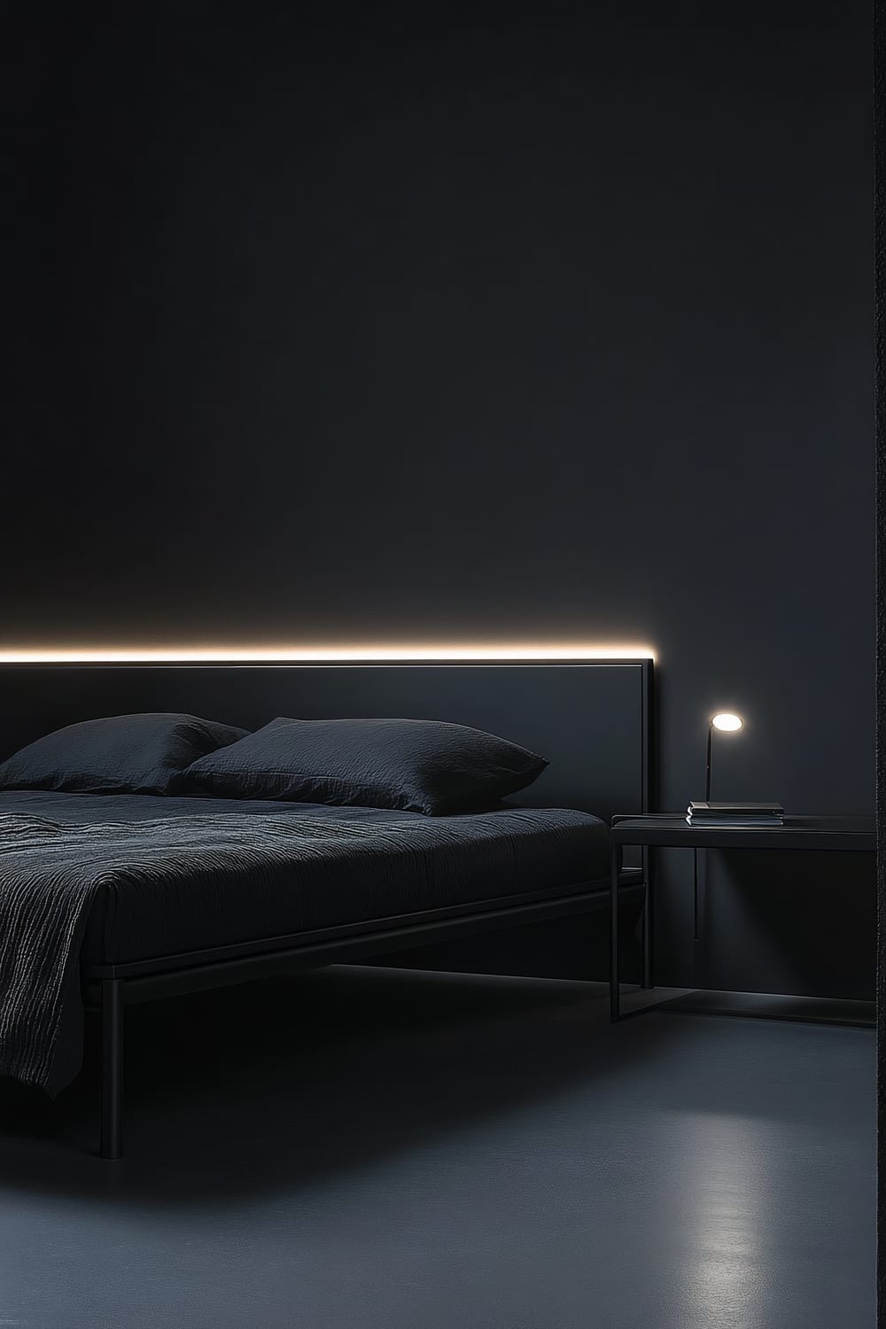 A bedroom with a black metal bed frame and soft white LED lighting around the headboard. The bed has dark bedding and pillows. Beside the bed is a minimalist black desk with a single lamp and a few books. The walls are dark charcoal, creating a sophisticated and cohesive look.