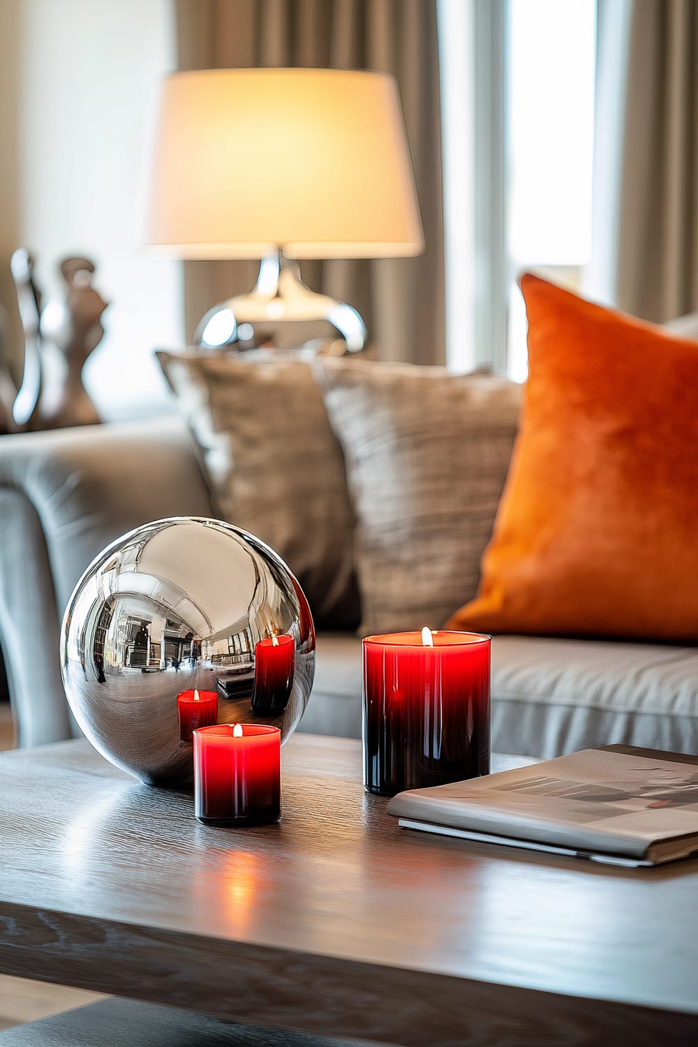 A wooden coffee table is adorned with three red candles of varying sizes, a reflective silver spherical lamp, and a closed magazine. In the background, a comfortable sofa with grey and orange cushions and a lit table lamp are visible.