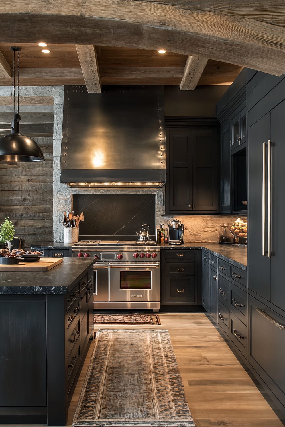 A sophisticated farmhouse kitchen is viewed through a wooden archway. The kitchen features deep charcoal cabinetry and dark walnut countertops. A stainless steel range with red knobs is centered under a dark metal hood, flanked by a textured stone backsplash. Modern black appliances, including an espresso machine, and dramatic metal lighting fixtures enhance the moody atmosphere. Exposed wooden beams and a black marble island with pastries and a plant add rustic charm. A patterned rug runs along the wooden floor.