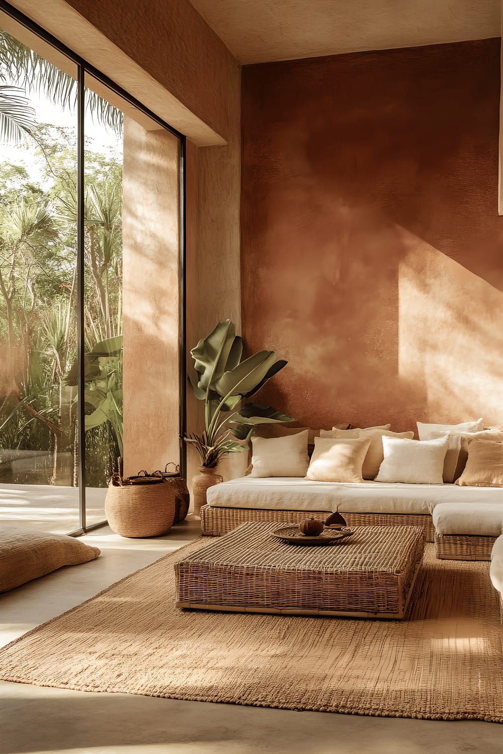 A large, airy living space with rich terracotta-colored walls. The room is furnished with woven rattan pieces, including a prominent low bench of reclaimed wood. A circular jute rug anchors the space, while oversized glass windows let in an abundance of natural sunlight. The overall mood is calm and naturalistic.