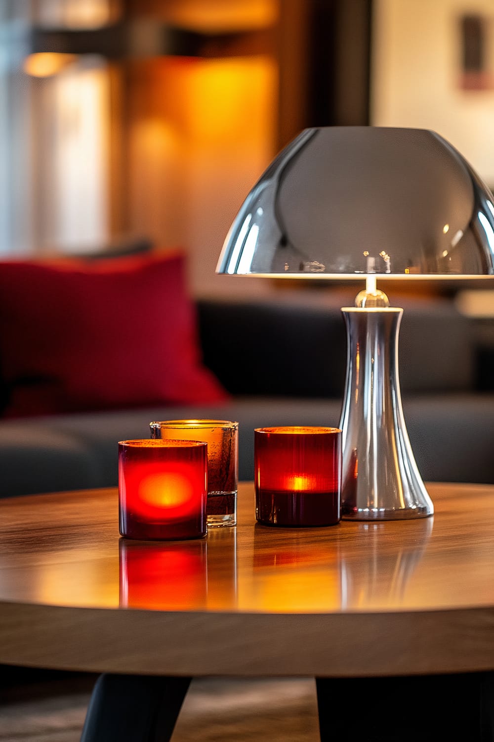 A classic wooden coffee table displays a modern, futuristic silver lamp beside three red and orange candles in glass holders. The background features a contemporary living area with warm lighting and a red cushion on a dark sofa.