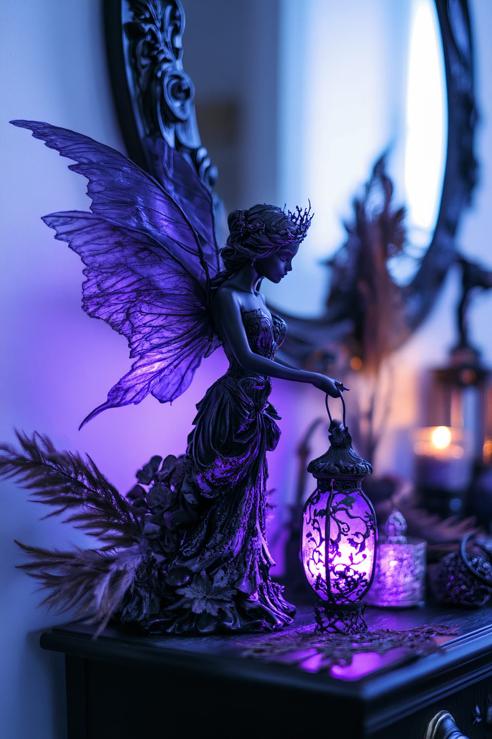 A dark fairy sculpture holding a glowing purple LED lantern is placed on a minimalist black table. Surrounding the fairy are scattered dark feathers and subtle magical symbols. A vintage mirror in the background reflects the enchanting purple light under soft, dimmed lighting.