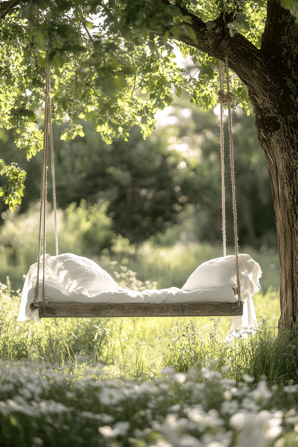 A sturdy wooden swing with white fabric and fluffy cushions hanging from a large oak tree surrounded by blooming flower beds and soft green grass with sunlight filtering through.