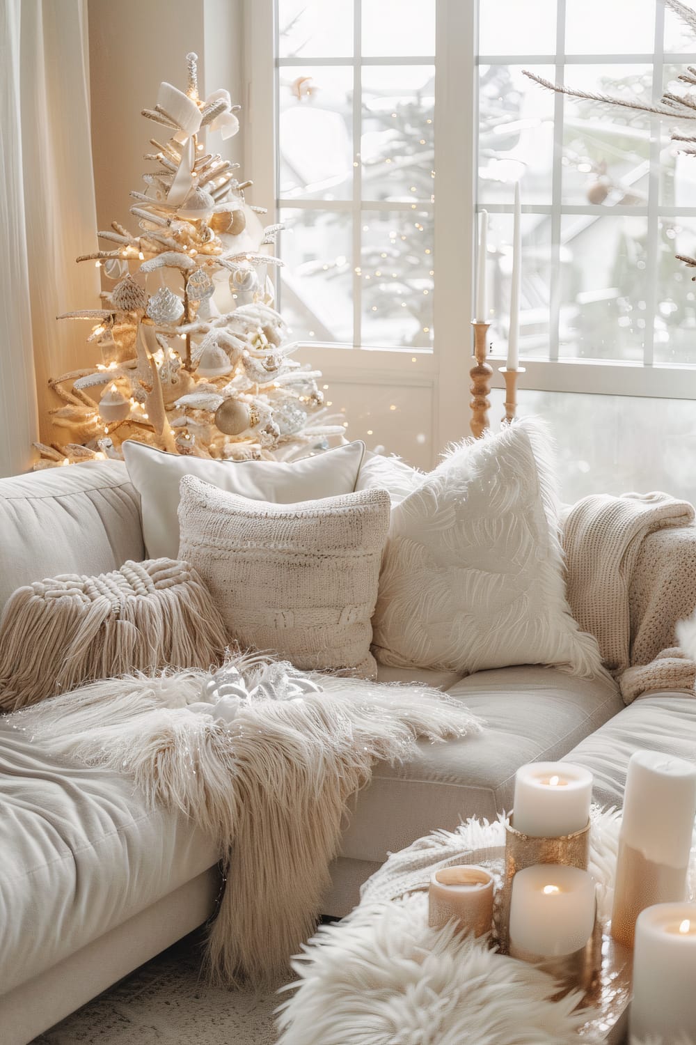 A serene living room setting with a holiday ambiance, featuring a white and gold-themed Christmas tree laden with ornaments, delicate lights, and ribbon, positioned near a large window overlooking a wintery scene. A comfortable L-shaped sofa adorned with various textured throw pillows and a fluffy throw blanket sits nearby, while a table in the foreground holds a cluster of lit candles providing a warm glow.